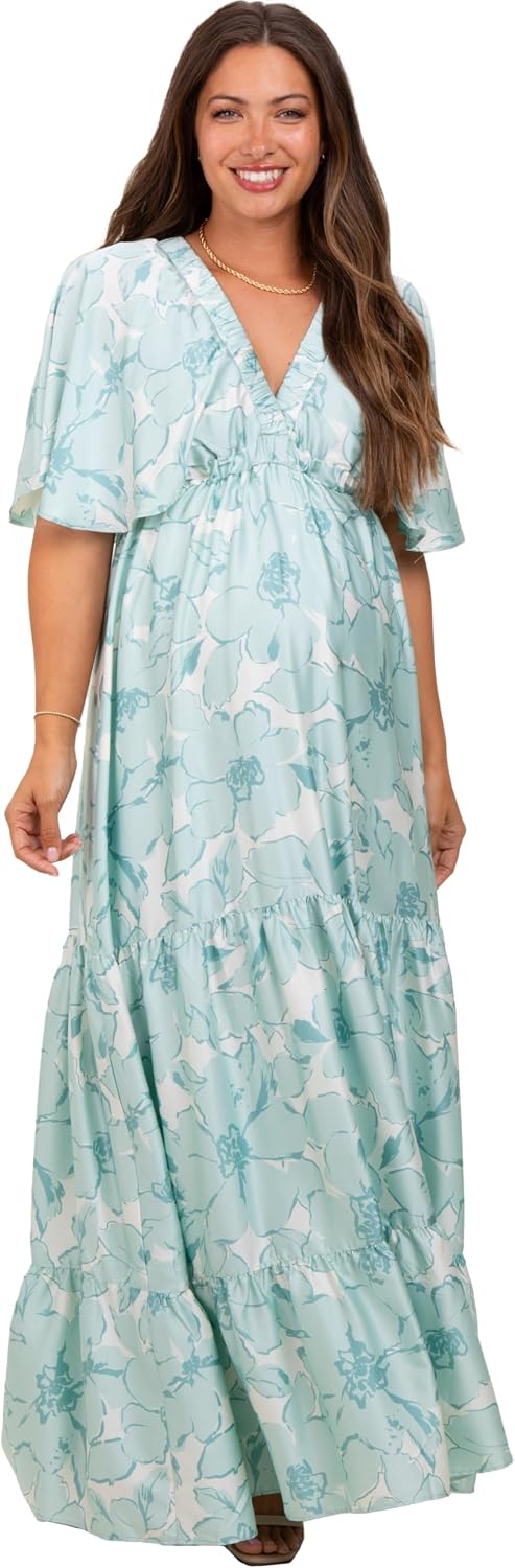 PinkBlush Floral Short Sleeve Deep V-Neck Tiered Maternity Maxi Dress
