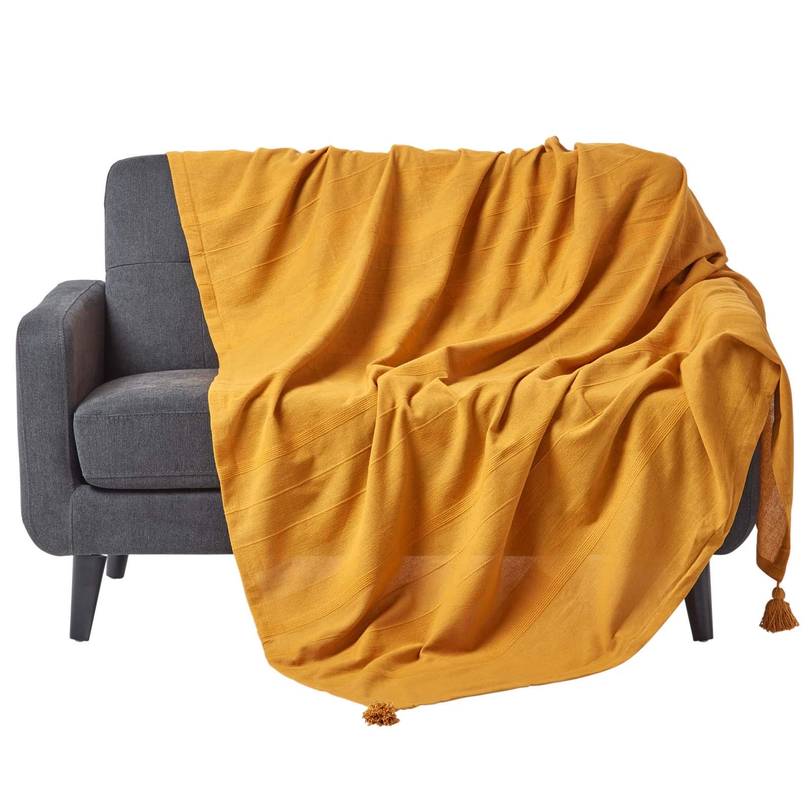 Homescapes Mustard Cotton Rajput Ribbed Throw In | Size: 225Cm X 255Cm