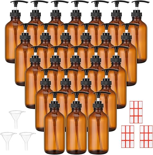 Tanlade 24 botellas de bomba de vidrio de 8 onzas, botella vacía, dispensador de jabón de vidrio con bomba, recipientes recargables y embudos de