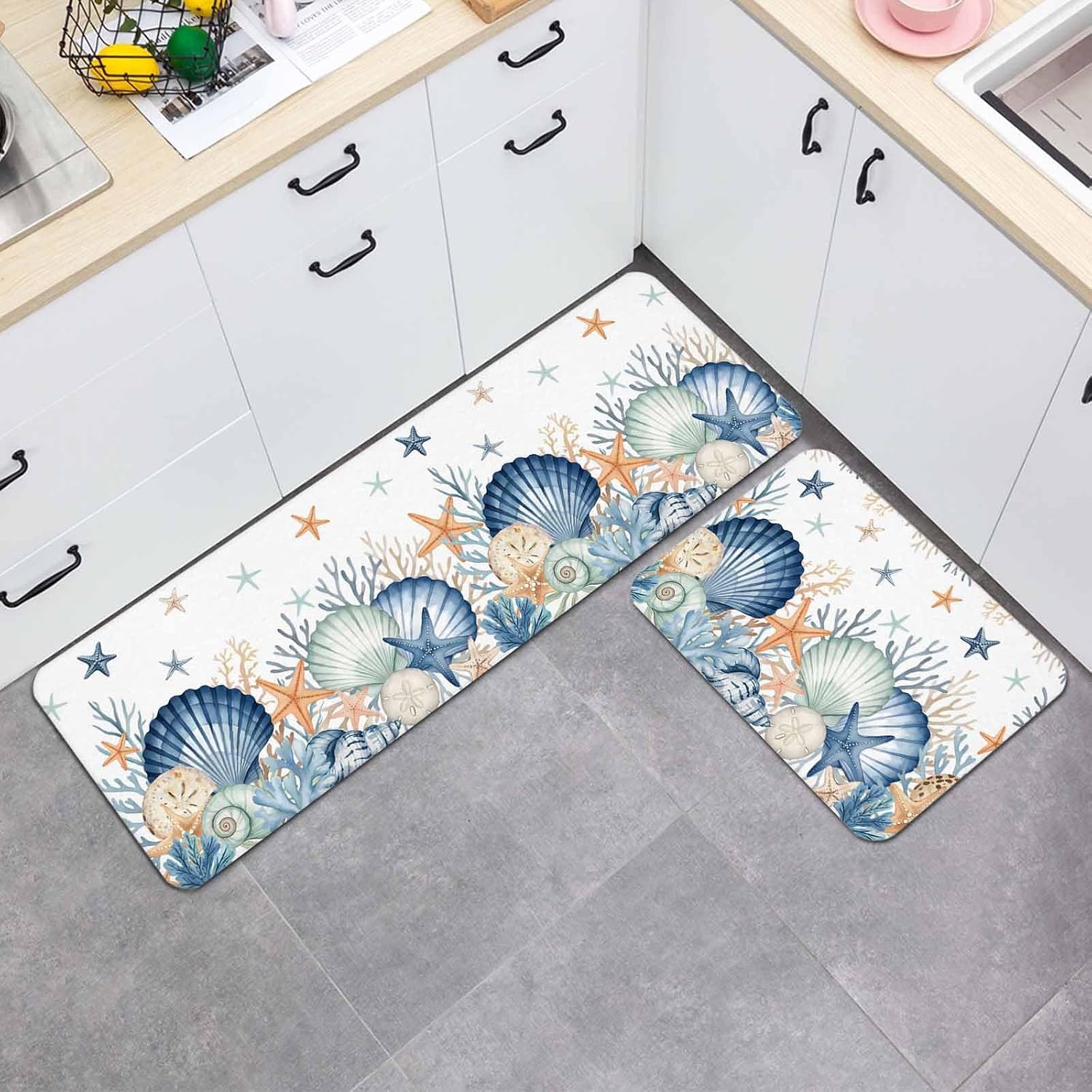 Summer Marine Life Kitchen Mats Set of 2 Watercolor Ocean Starfish Shell Conch Non Slip Mat Washable Floor Rug for Kitchen Sink Floor Laundry, 15.7"x23.6"+15.7"x47.2"