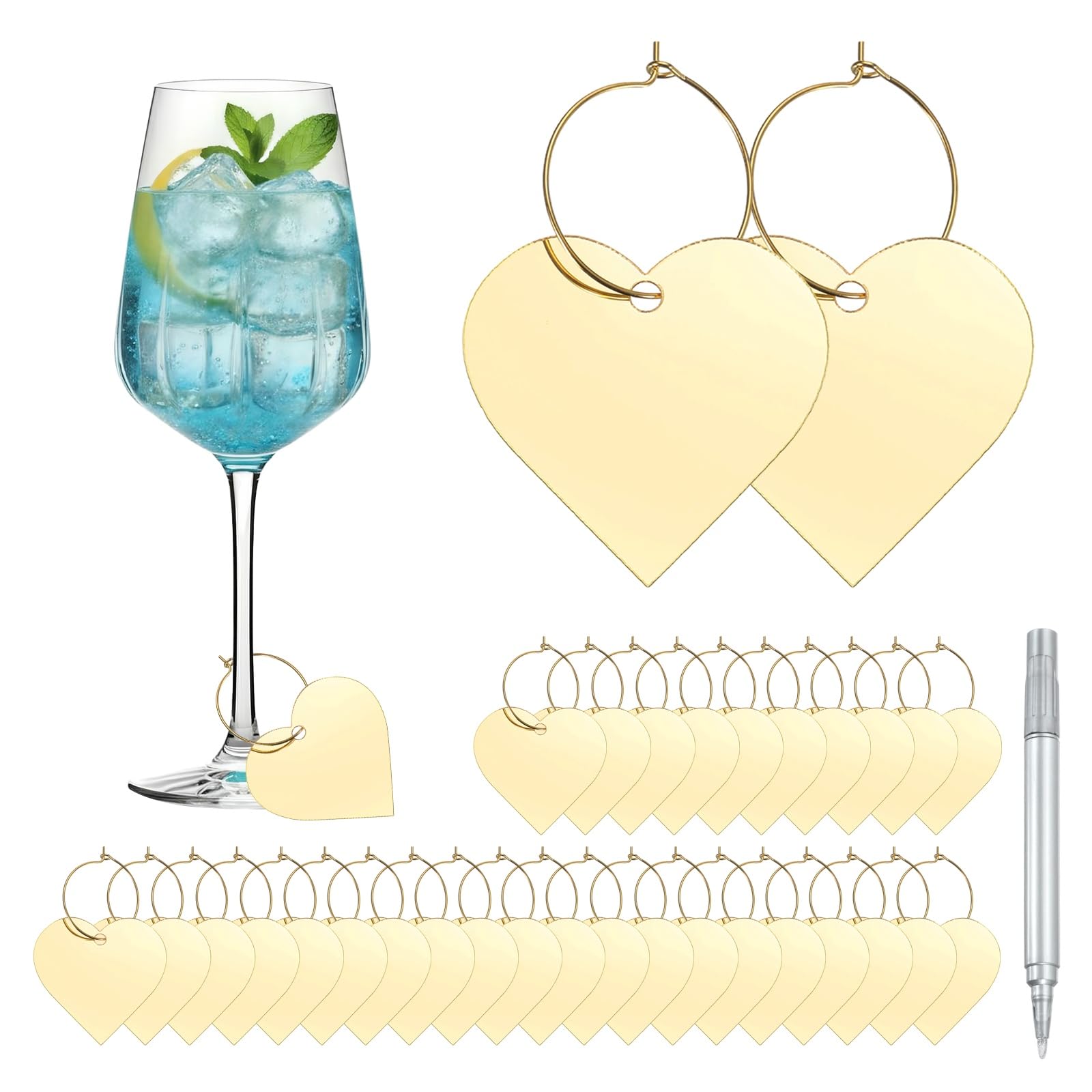 sourcing map 40 Pcs Wine Glass Charm with Ring Tags, Drink Glass Identifiers Acrylic Keychain Blanks with Gold Marker for Stem Glasses Wedding Party Birthday DIY Craft, Gold Heart Shape