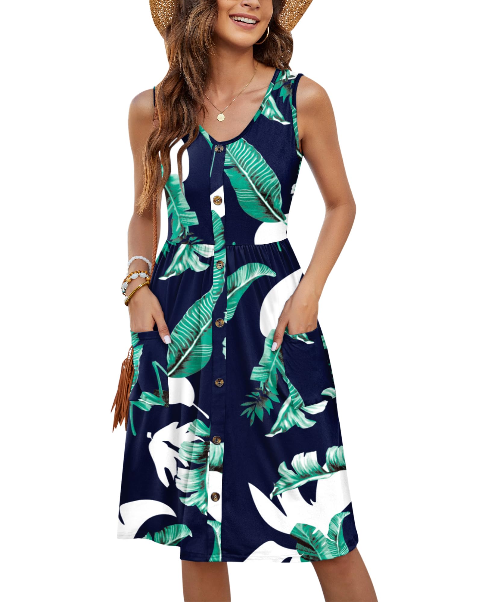 Molerani Women's Print Blue Summer Dresses For Uk Sleeveless Casual V Neck Beach Dress Swing Button Midi Sundress Dress With Pockets 20-22 Xl