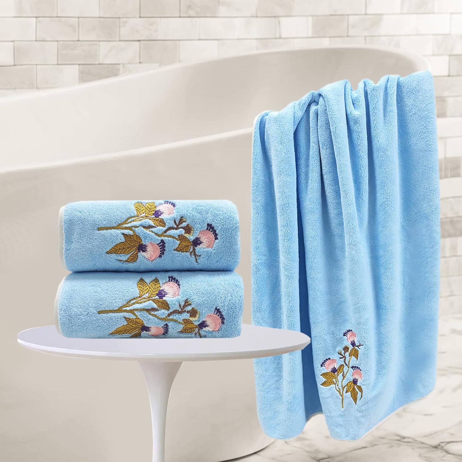 Butterfly Flower Bath Towels of 3 Cute Blue Floral Velvet Towels Set Super Soft Embroidered Hand Towels for Shower Bathroom Spa Gym(Blue)