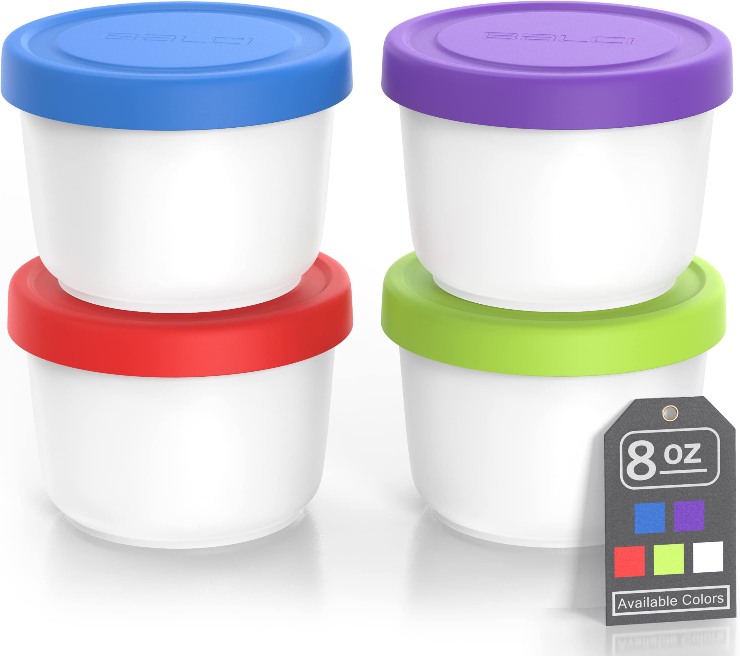 - 8oz Mini Ice Cream Containers with Silicone Lids (Set of 4) - Freezer Food Storage Containers, Reusable, LeakProof, For Homemade IceCream Containers - Blue, Red, Green, Purple