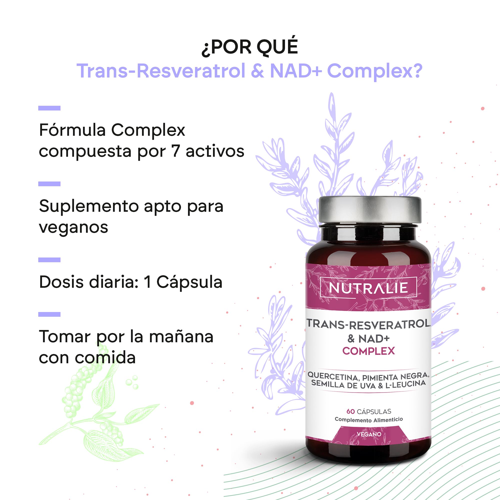 Trans Resveratrol NAD+ 686mg Complex - Quercetina Piperina Semilla Uva (OPC) - 60 Cápsulas Transresveratrol Nutralie
