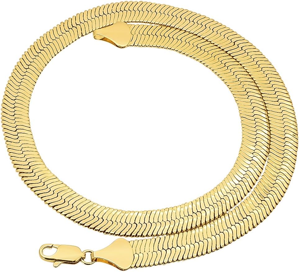 The Bling Factory 10.8mm 14k Yellow Gold Plated Flat Herringbone Chain Necklace - Image 4
