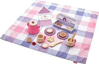 Fisher-Price Wood Pretend Play Toy Picnic Tea Set, 18-Pieces with Blanket, Wooden Cups Saucers & Food for Preschool Kids Ages 3+ Years