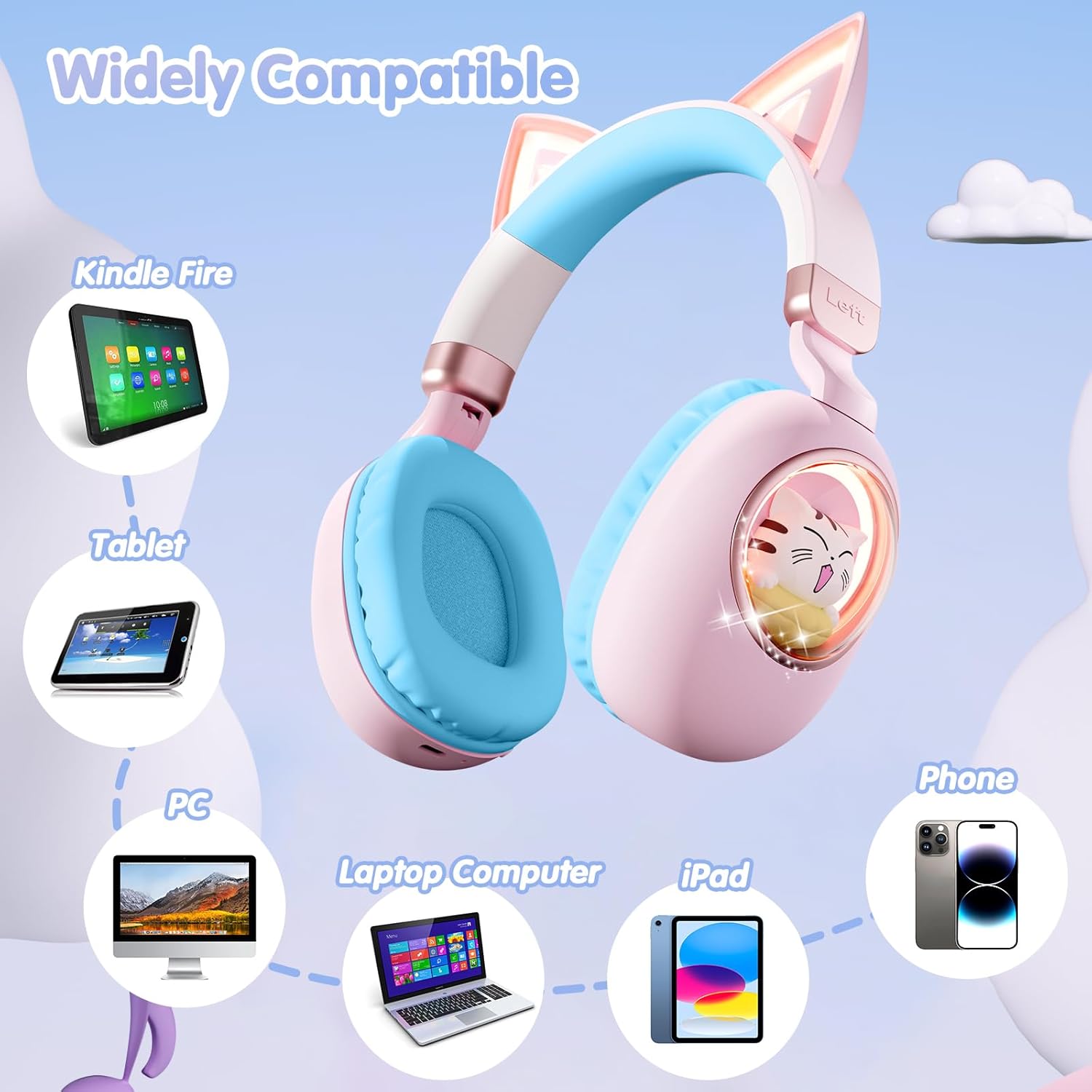 esonstyle Kids Headphones Cat Ear - Bluetooth 5.4 Over-Ear Noise Cancelling Headphones with Microphone LED Lights Up 85dB Safe Volume Limit Wireless or 3.5mm Wired USB C(Pink Blue)