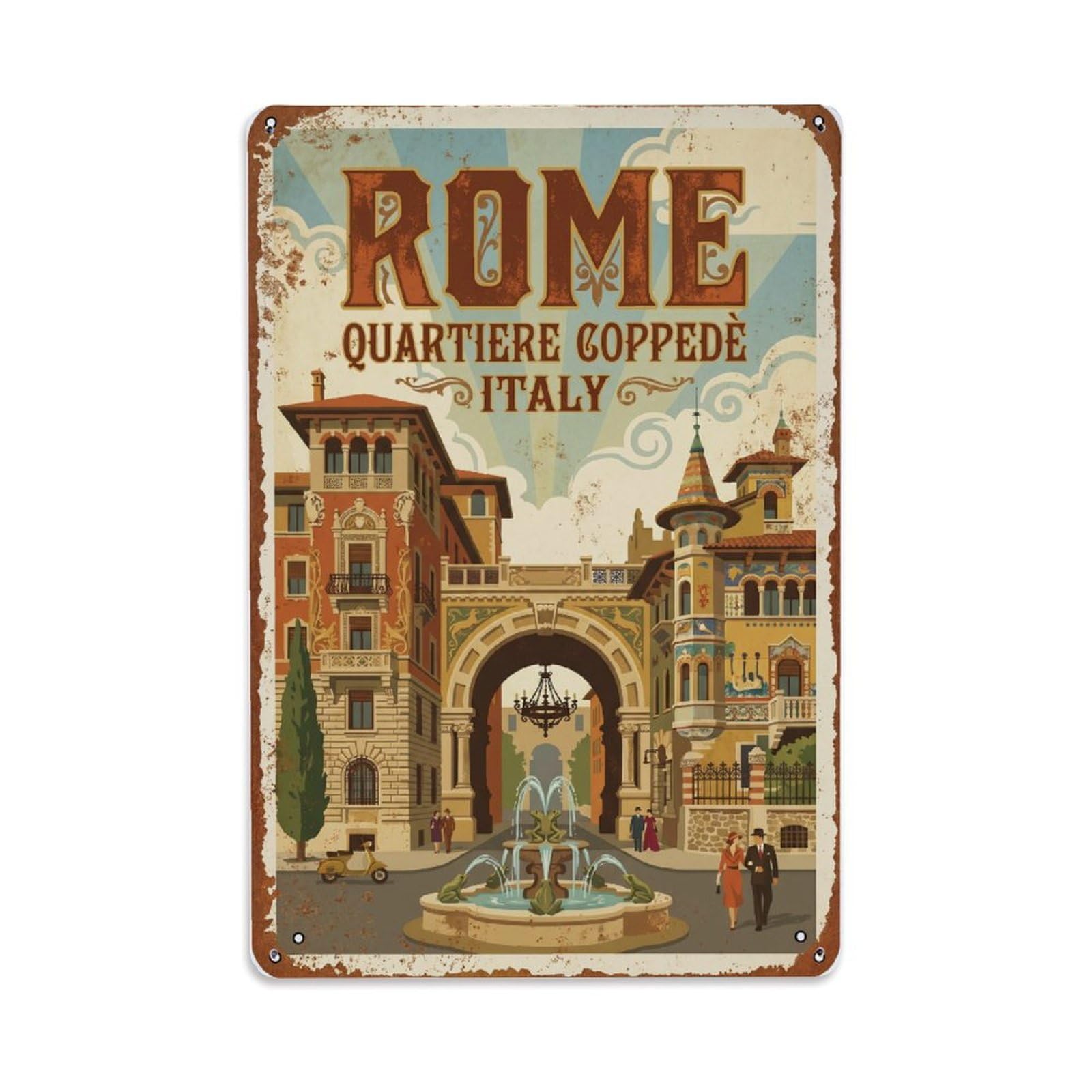 Vintage Travel Rome Quartiere Coppede Art Nouveau District Rusted Italy Metal Tin Sign Plaque Wall Decor for Cafe, Club Bar, Office, Home Garden Metal Poster 8x12Inch