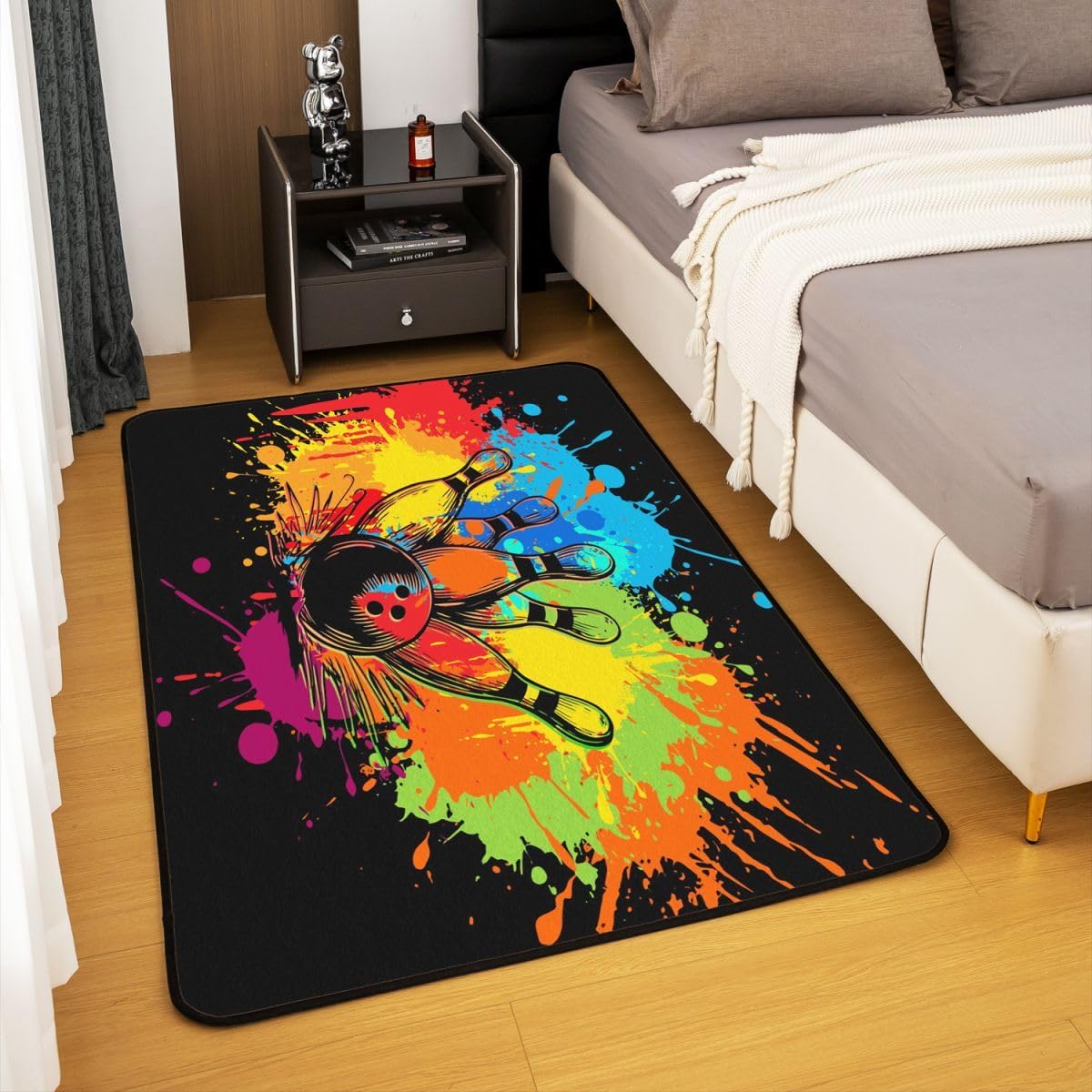 Erosebridal Bowling Area Rug 3x5 Colorful Graffiti Living Room Rug Non Slip Sports Theme Carpet for Bedroom Kitchen Black Bowling Silhouette Indoor Floor Mat Non Slip