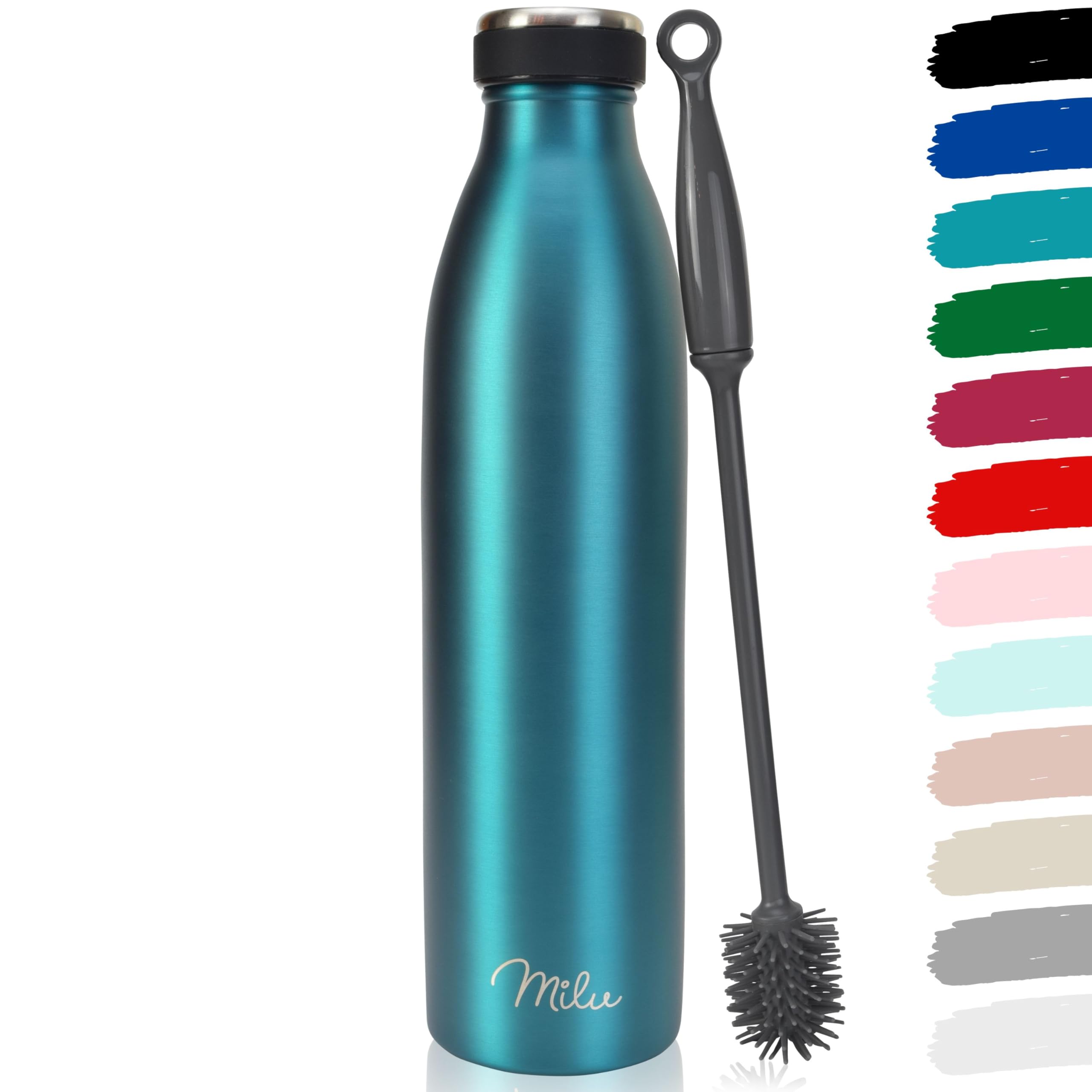 Milu Botella de acero inoxidable de 350ml 500ml 750 ml 1 L 1,5 L botella de agua aislada, termo a prueba de fugas, doble pared, apta para ácido carbónico + cepillo de limpieza (Verde, 1,5 L) - 1