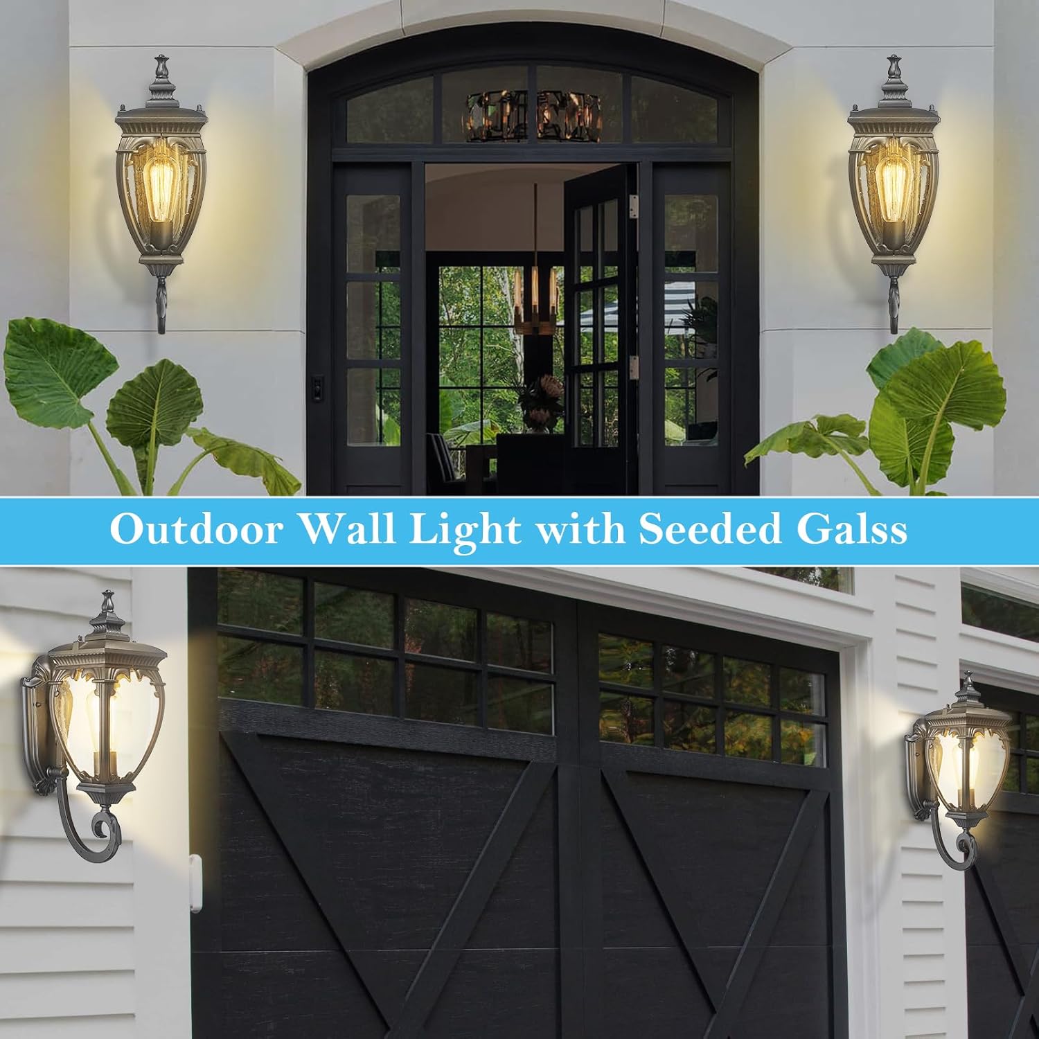 Porch Light Outdoor Wall Lights Exterior Lighting Fixtures, 18.7 Inch Waterproof Black Porch Lights Outdoor Wall Sconces Light Fixture with Seeded Glass for Outside Patio Garage