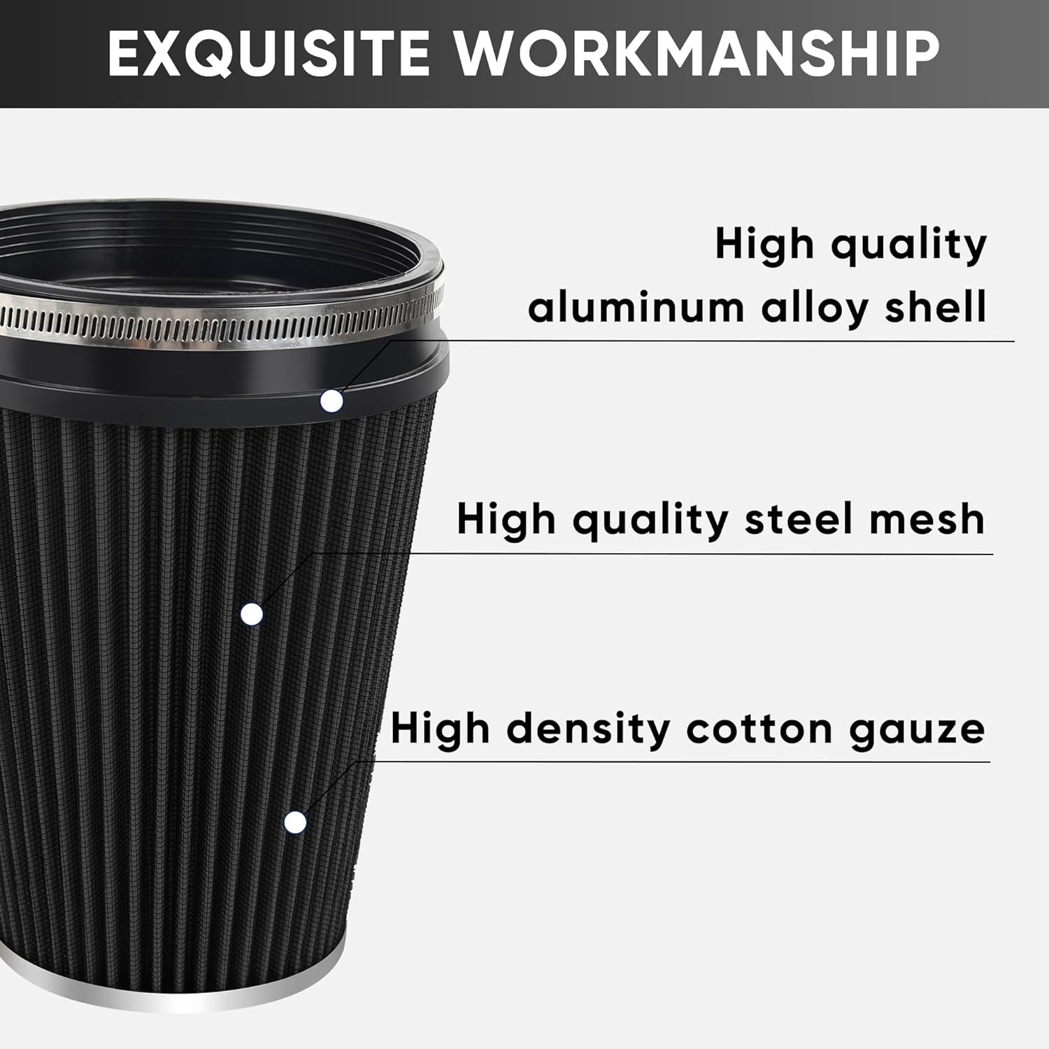6" 152mm Cold Air Intake Filter Clamp-On Replacement High Flow Inlet Air Filter High Performance Washable Cone Filter 9" Tall Black