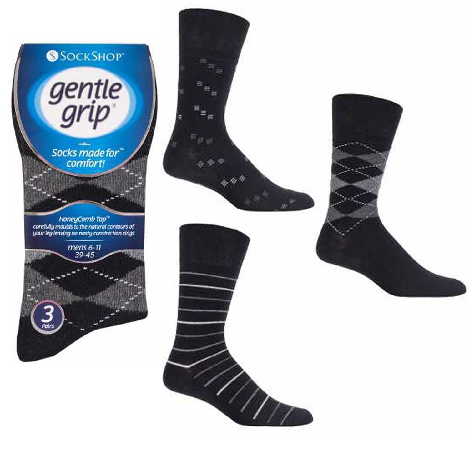 Hduk Mens Socks Men's Assorted Dark Patterns 3X Gentle Grip "Big Foot" Honeycombe Top Non Elastic Socks By Sockshop/Uk 12-14 Eur 46-50 (Assorted Dark Patterns)