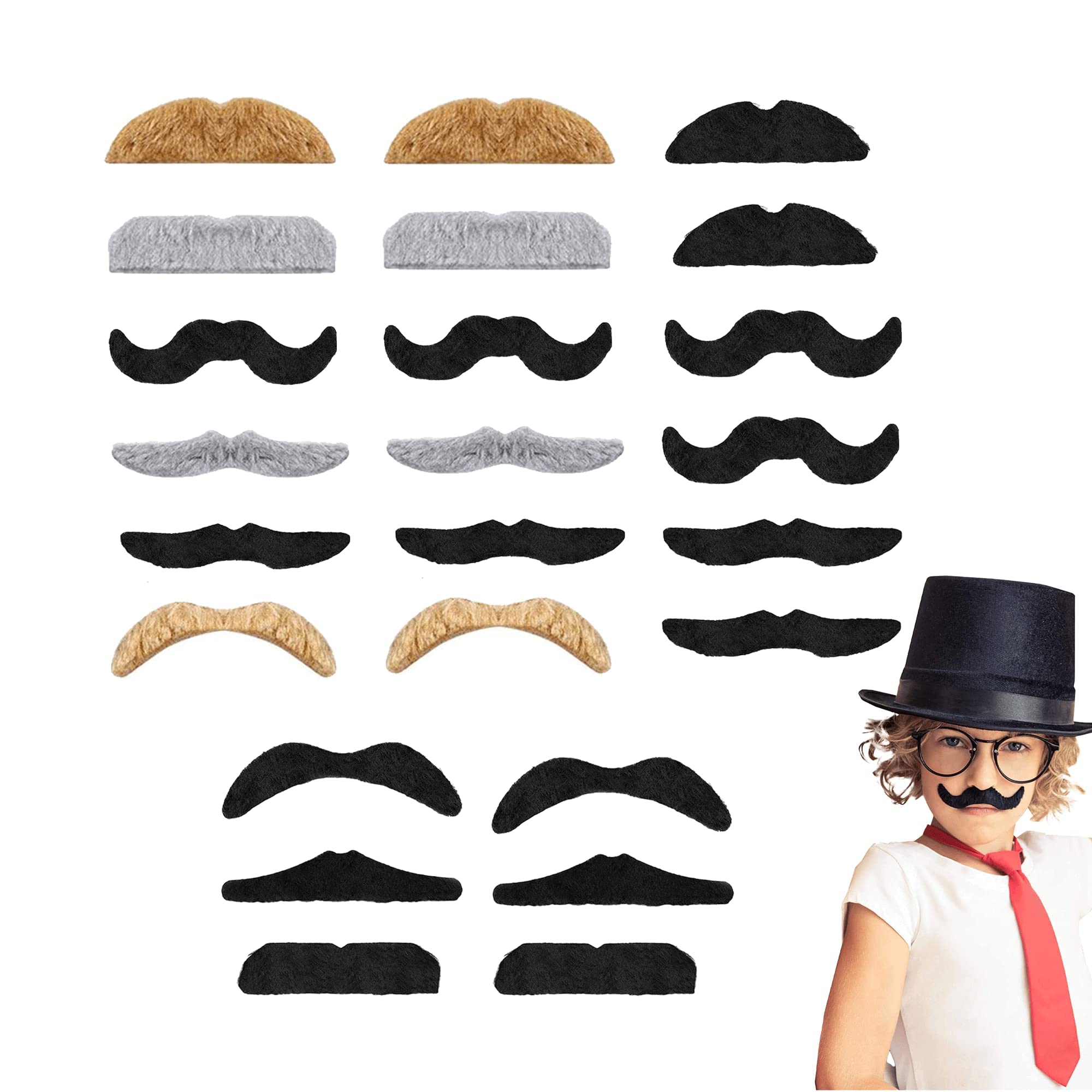24 PCS Fake Moustache Fake Beard Stick on Moustache Self Adhesive Realistic Moustaches Kit Novelty Mustache for Masquerade Party Favor, Birthday party,Costume and Performance