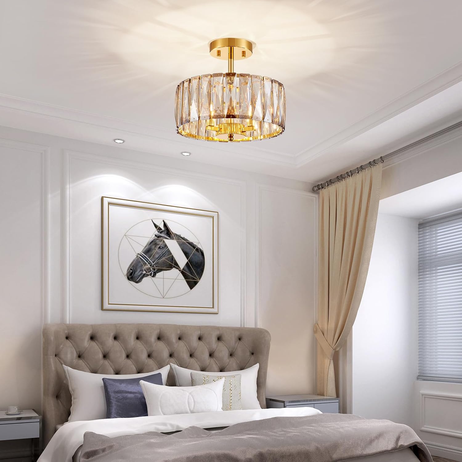 Modern K9 Crystal Ceiling Light, 3-Light Semi-Flushmount Close to Ceiling Light Fixture for Kitchen, Bedroom, Hallway, D12xH9inch, Champagne Crystal & Gold Finish