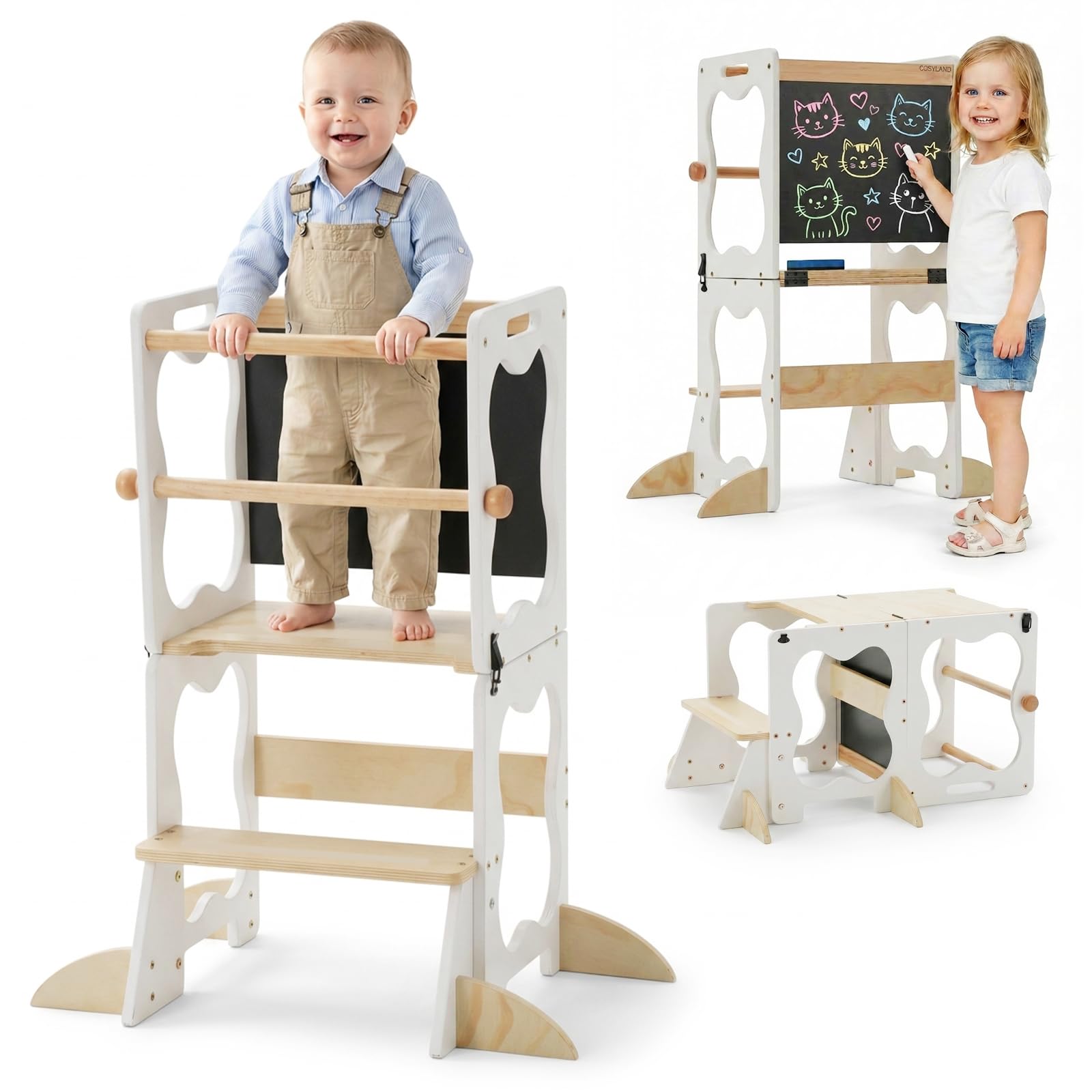 COSYLAND Lernturm Kinder 3in1 Küchenhelfer mit Tafel & Geländer Weiß | Wandelbar zu Tisch & Stuhl, ideal für Küche und Alltag. Stabil, sicher, pflegeleicht und perfekt für Ihr Kind.