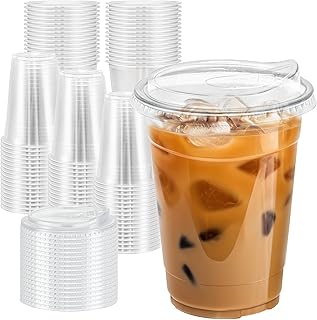 16 oz 100 Pack Clear Plastic Cups with Lids, Sturdy Iced Coffee Cups with