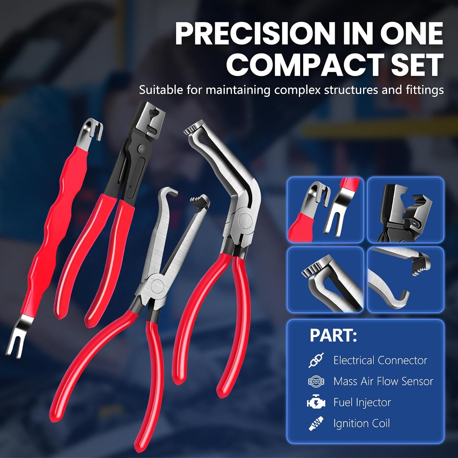 4 PCS Electrical Disconnect Pliers Set, Automotive Electrical Connector Separator Removal Tool with 60° & Straight Pliers, Fuel Injector Ignition Coil Tool Kit for Cars