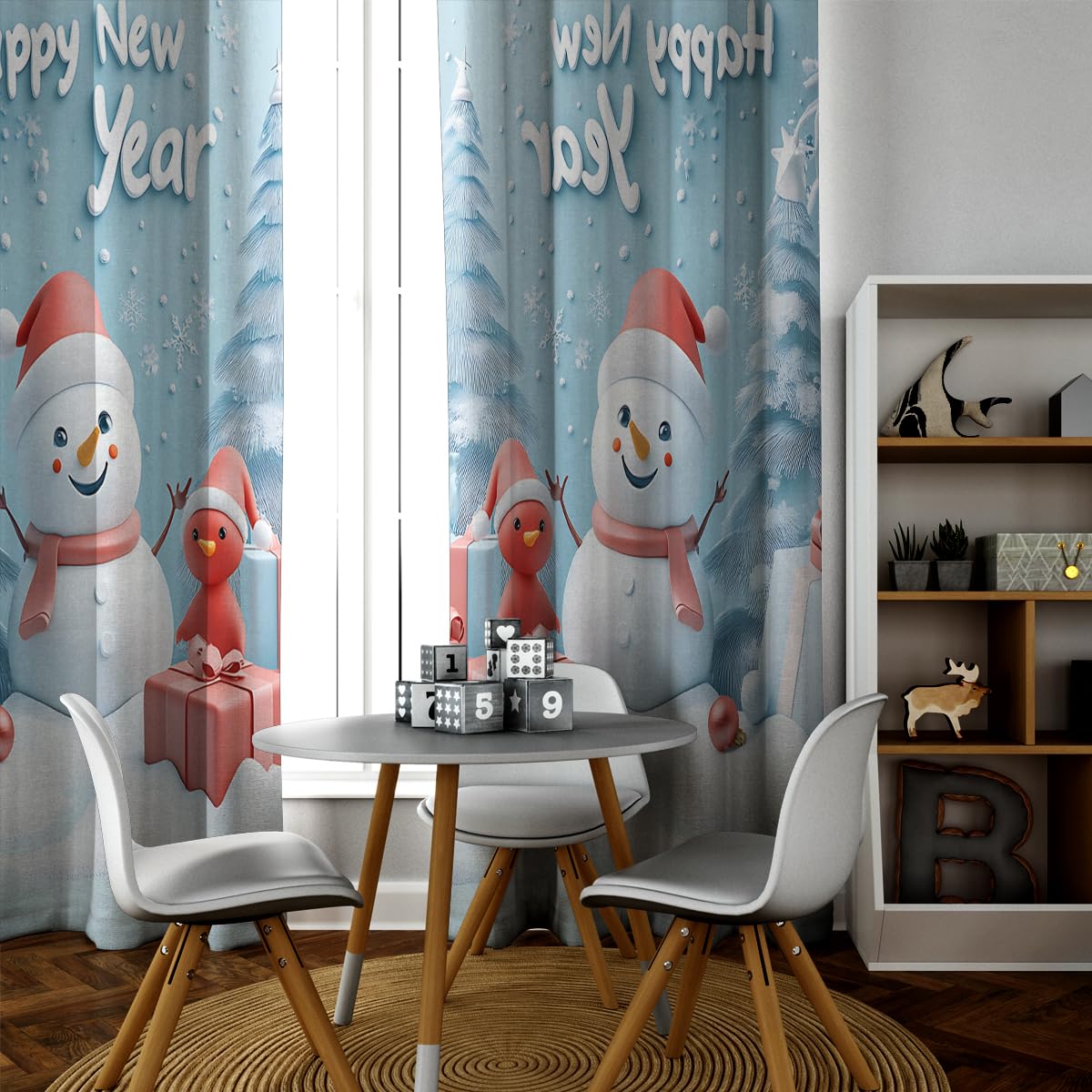 Szczęśliwego Nowego Roku zasłony termiczne do sypialni salonu choinka i uroczy bałwan zasłony zaciemniające do pokoju chłopców dziewcząt zaciemnianie 2 panele (szer. 132 x dł. 183 cm)