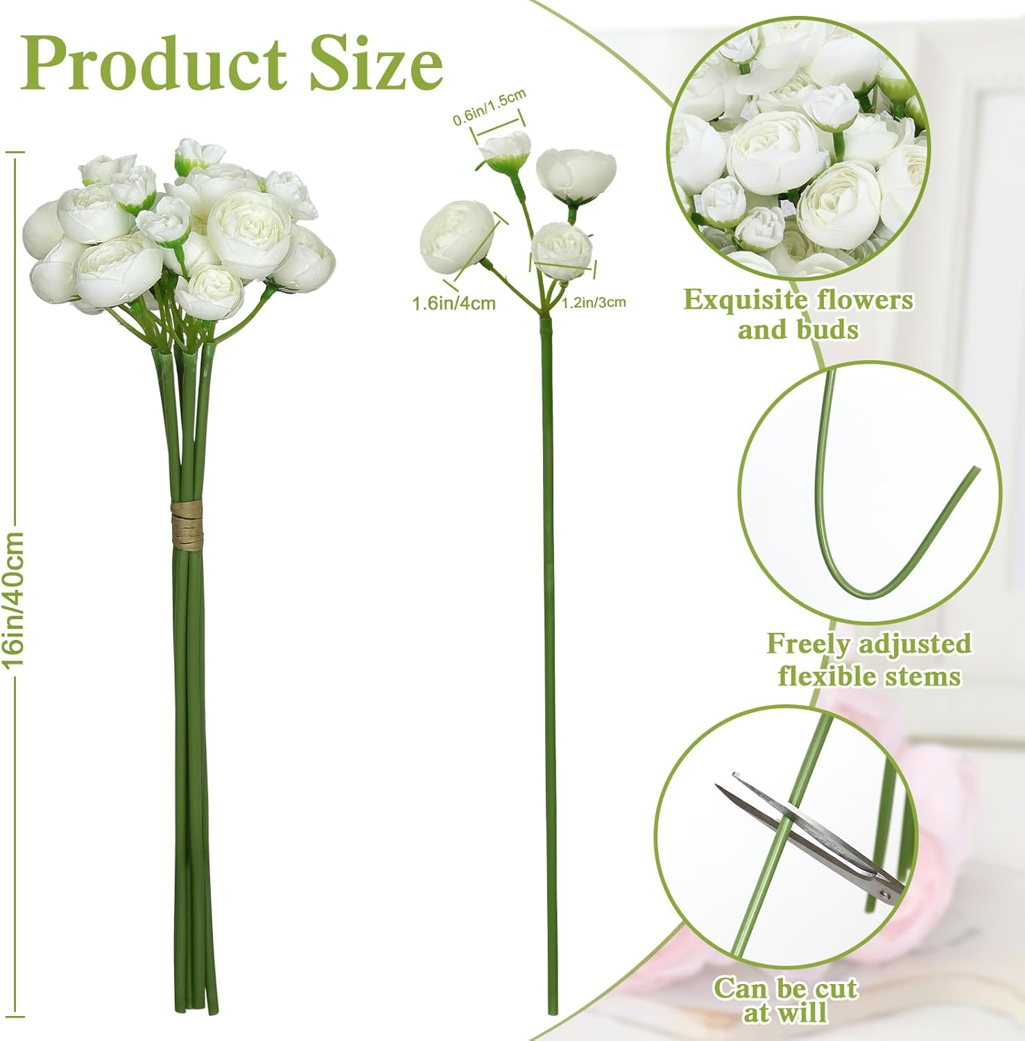 Ranunculus Artificial Flower White Faux Silk Mini Peony Flowers Fake Peonies Wedding Flowers DIY Bouquet for Centerpieces Arrangements Bridal Shower Decorations 18 Pcs(White) - Image 3