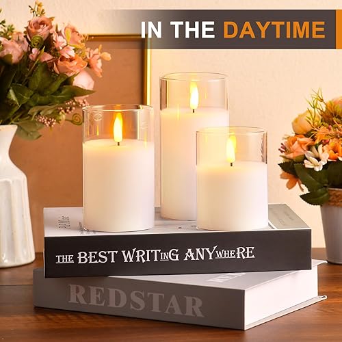 Vista 23 de Velas LED de vidrio sin llama con control remoto de 10 teclas y temporizador, velas de cera real, mecha de color cálido, luz parpadeante