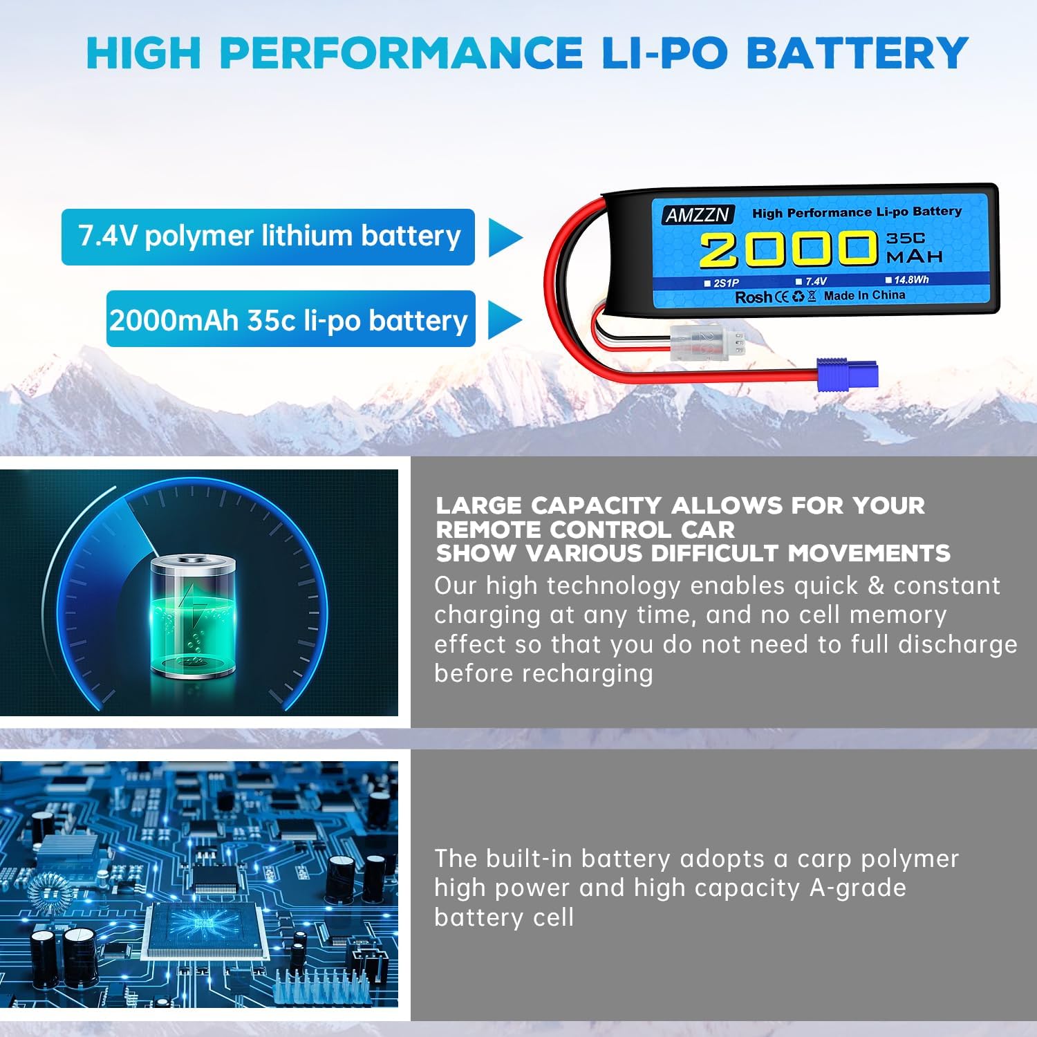 7.4V 2000mAh 35C 2S EC2 Plug Lipo Battery with USB Charging Cable for RC Car,Truck Model Car,Remote Control Ship,RC Quadcopter Qircraft,FPV Drone Battery
