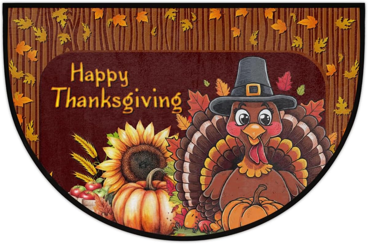 Half Round Door Mat Vintage Thanksgiving Truck Non Slip Absorbent Semi Circle Area Rugs Washable Half Moon Floor Mats for Indoor Patio Kitchen Bathroom Entryway Fireplace Home Carpet Decor