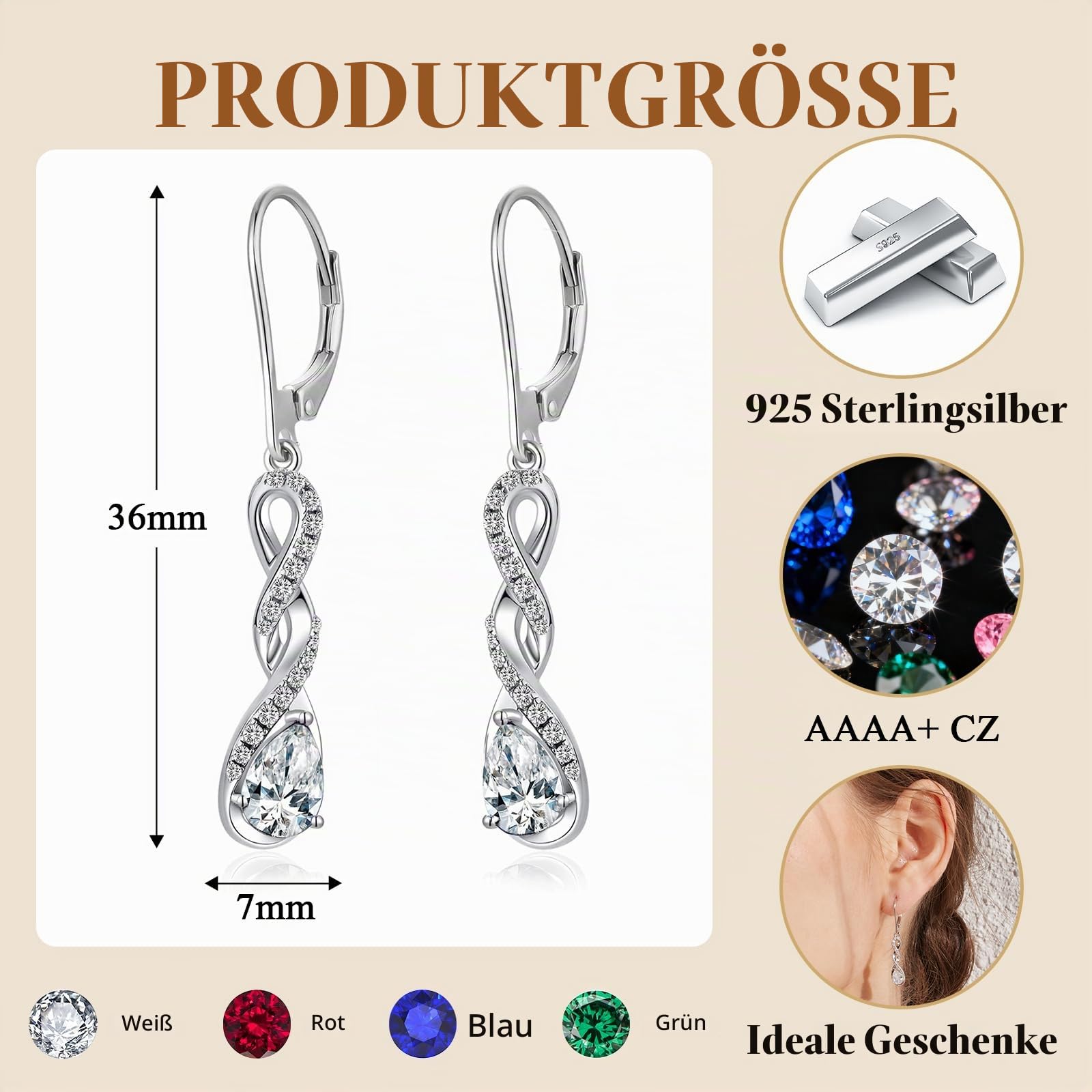 Ohrringe Silber 925 Hängend Unendlichkeit Infinity Zirkonia für Damen