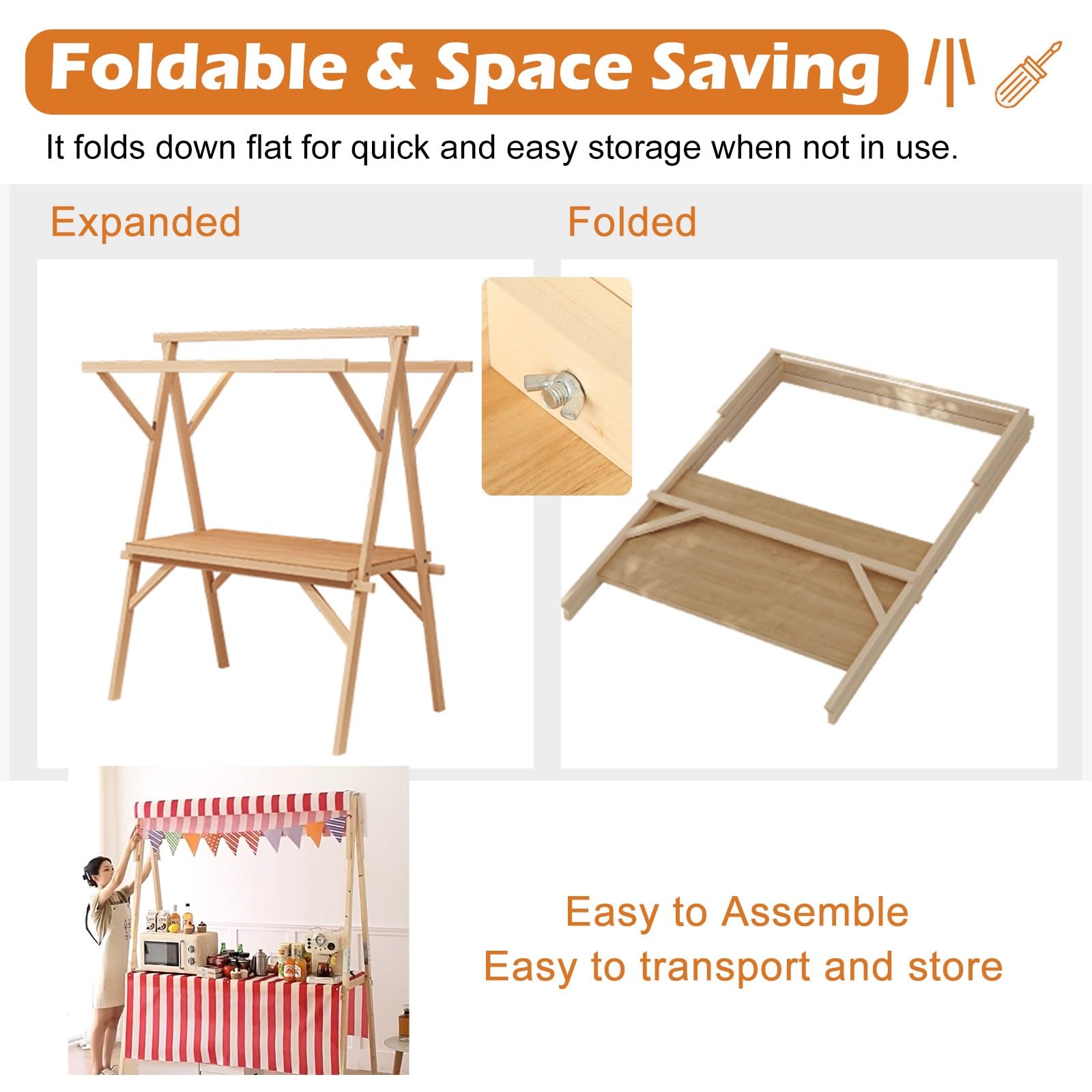 Market Booth Display Cart with Awning, Rolling Ceiling Stand Vendor Cart for Street Event/Trade Show, Wooden Outdoor Retail Booth, Customizable Color(Light Coffee,120x60CM(47.2x23.6in))