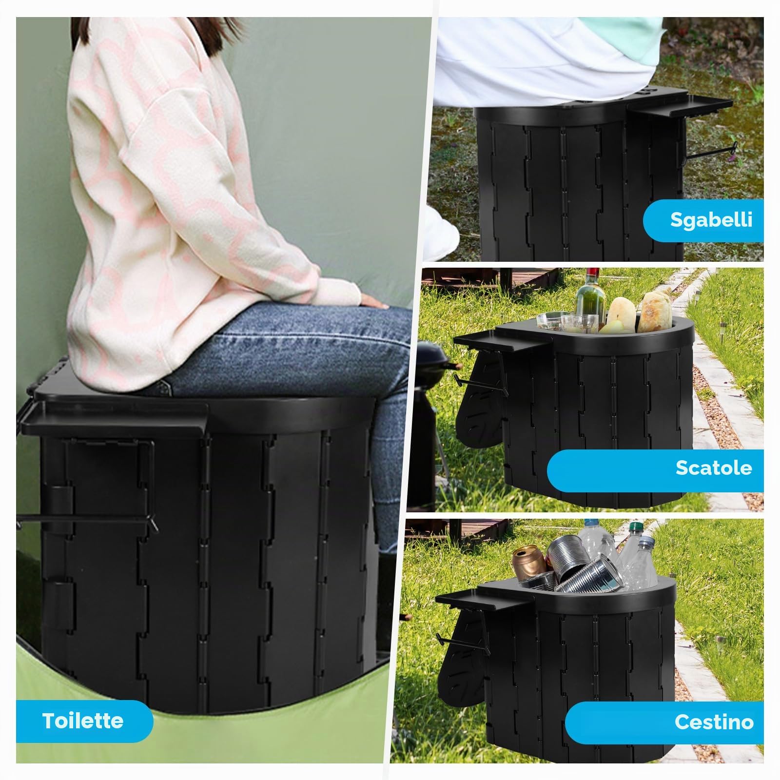 WC Portatile da Campeggio con Supporto e Borsa per la Conservazione Supporta Fino a 150KG Gabinetto Portatile Adulti 24 Sacchetti Lgienici per Camper, Escursionismo & Emergenze