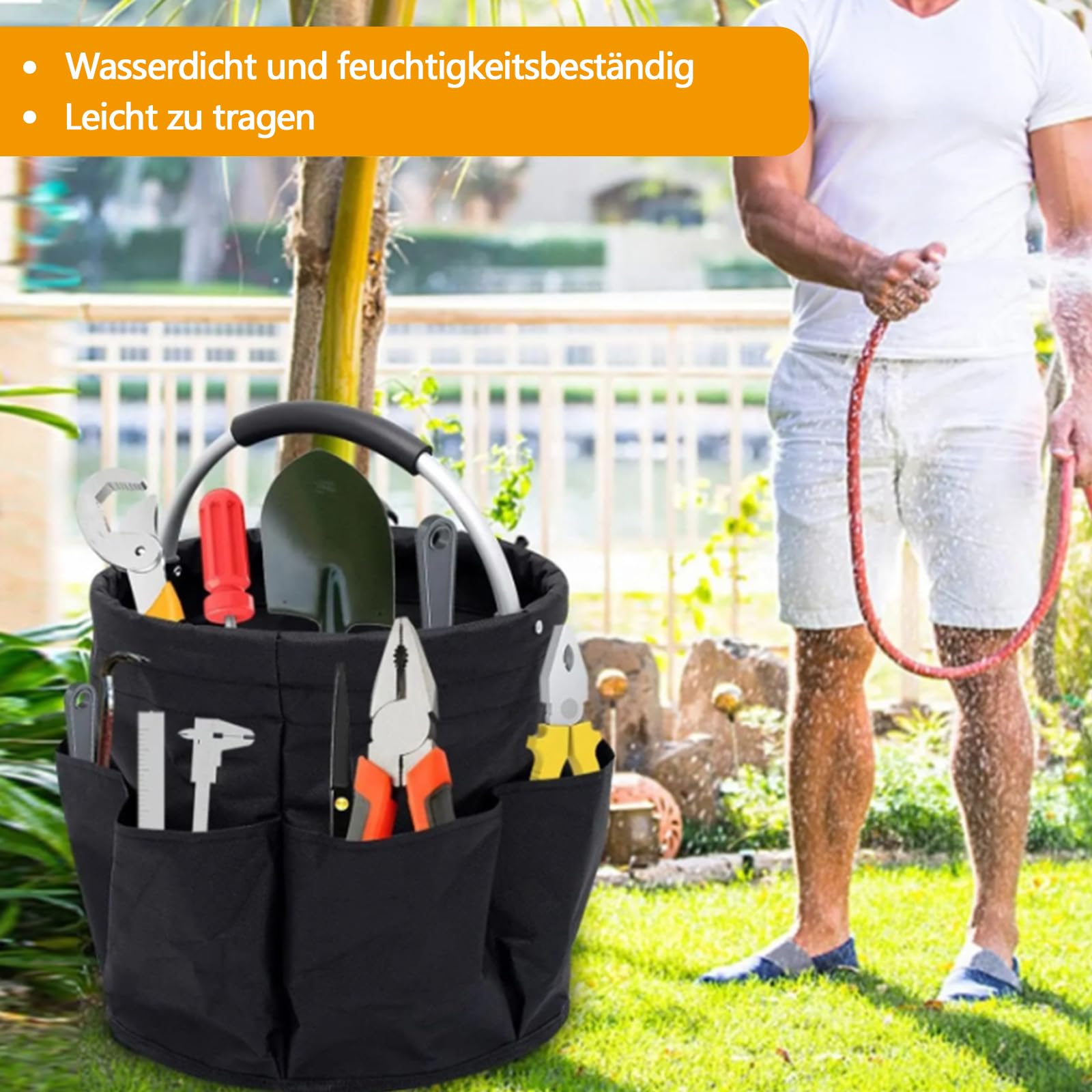 Organizer na środki czyszczące, uniwersalny Caddy, 28 x 28 cm, składany kosz do przechowywania, z uchwytem i 6 przegródkami, torba do czyszczenia wnętrz, ogrodu, łazienki, czarny
