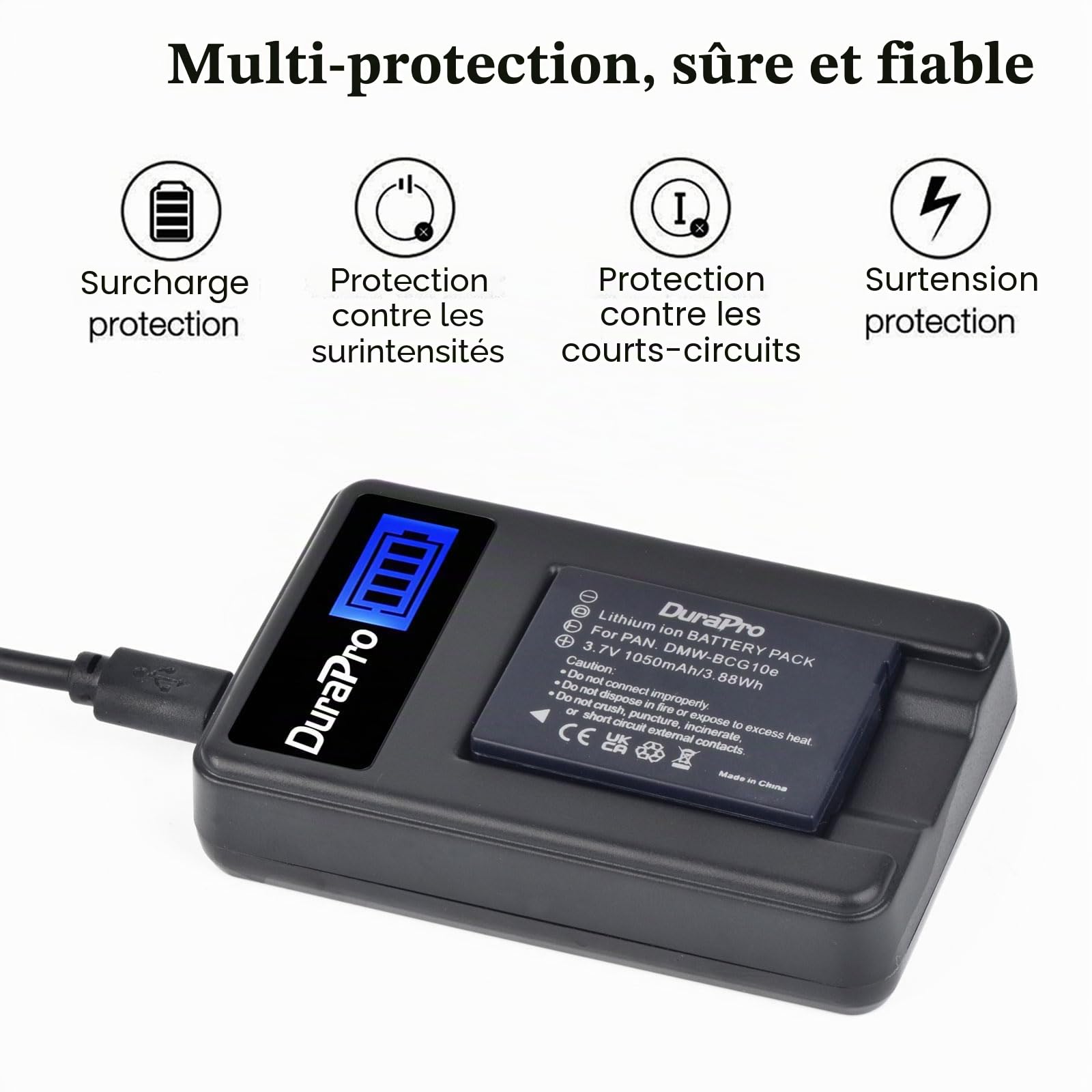 DuraPro Lot de 2 Batteries DMW-BCG10 DMW BCG10 + Chargeur USB LCD pour appareils Photo Panasonic DMW-BCG10, DMW-BCG10E, DMW-BCG10PP et Panasonic Lumix DMC-TZ10 DMC-3D1, DMC-TZ6, DMC-TZ7, DMC-TZ8