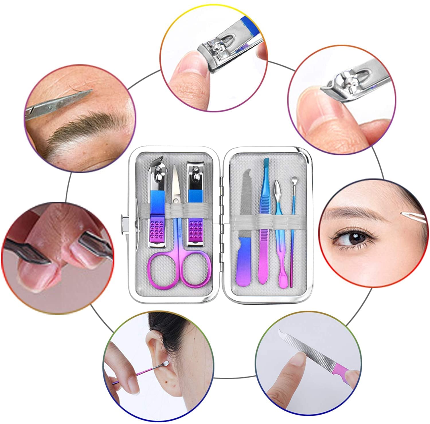 Giftik Regenbogen Maniküre-Set 7-teilig – Edelstahl Nagelknipser & Pediküre Werkzeuge | Mit Tragetasche