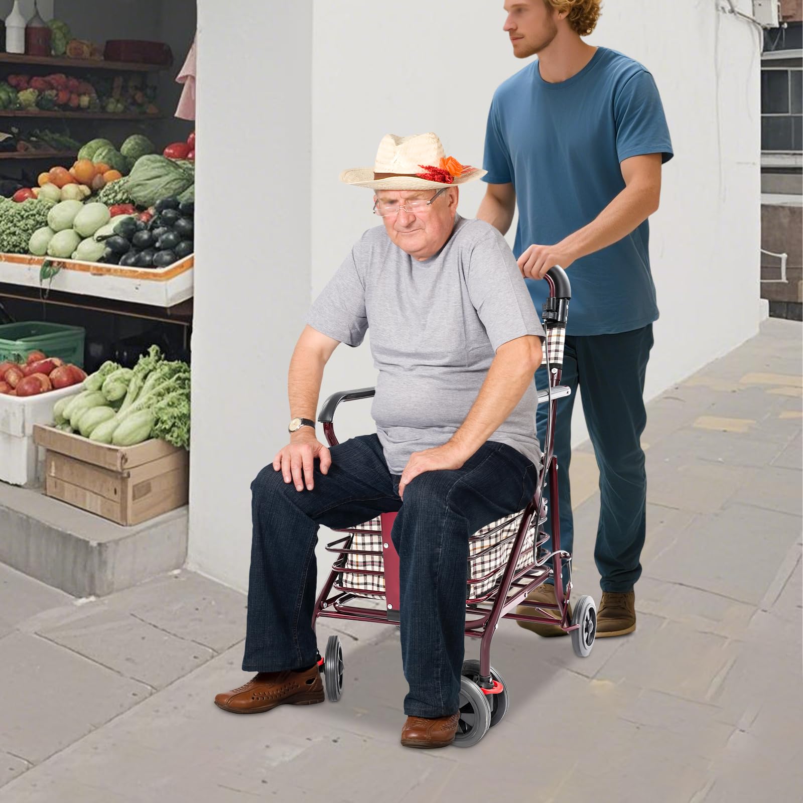 Składany chodzik z siedziskiem, nośność 150 kg, koła amortyzujące, regulowane oparcie, kosz do przechowywania, solidna pomoc w chodzeniu dla seniorów, w podróży i na zakupy