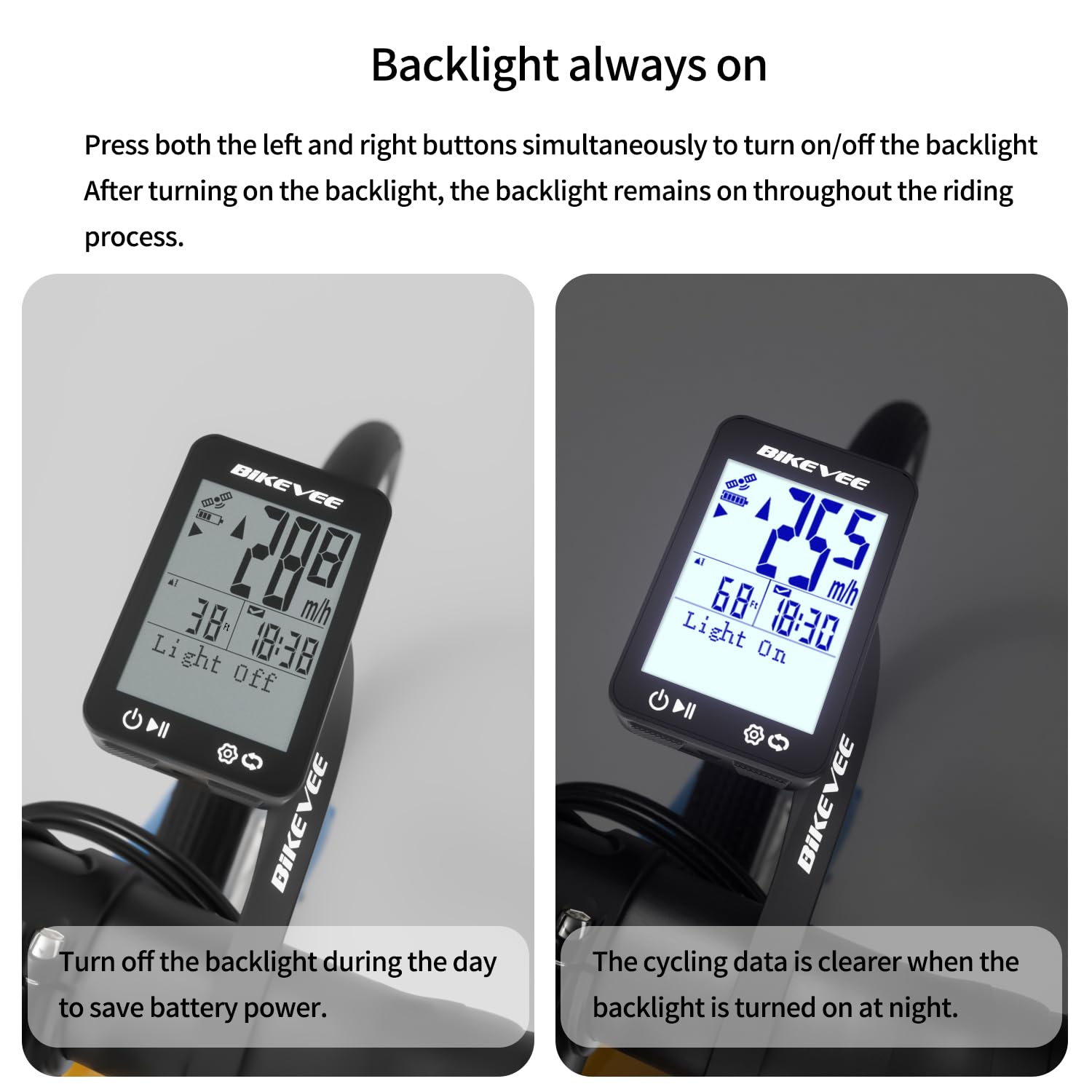 Two images of the bike computer display, one with the backlight off and the other with the backlight on, demonstrating the auto backlight feature.