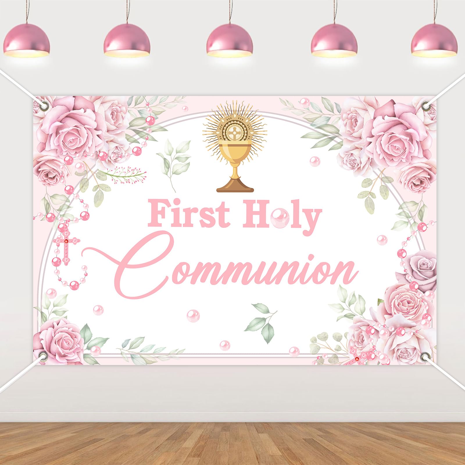 Jollyboom First Holy Communion Decorations for Girls, Pink Flowers Communion Backdrop Banner for Confirmation Baptism Christening Day Photoshoot Background 3 x 5 Ft