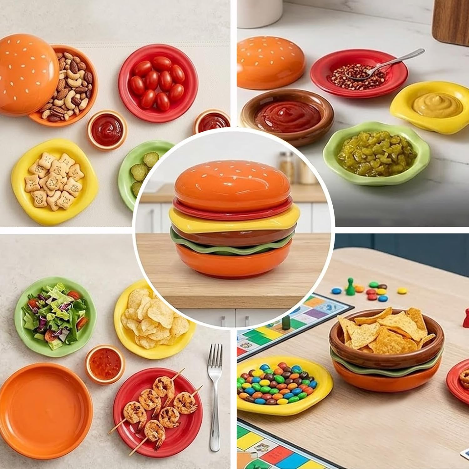 6-Piece Ceramic Hamburger Plates Set, Novelty Burger-Shaped Stackable Appetizer Plates for Snacks, Sauces, Party, BBQ – Fun Kitchen Gift