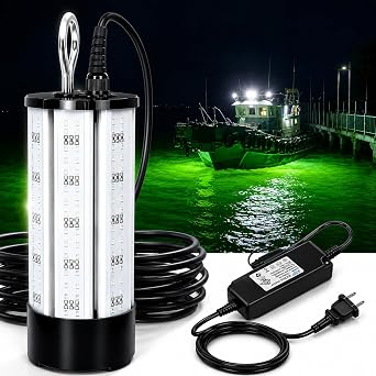 Underwater Fishing Light 60W 7500LM, 530nm Green Submersible Fish Attractant Light with 30FT Cord, 100240V AC to 12V DC Adapter, Alligator Clip Cable, 40FT Safety Cable, for Night Fishing, Dock, Boat