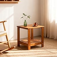Vista 7 de Utoplike Mesa auxiliar de teca para exteriores, mesa auxiliar de doble capa, mesas de café de madera para patio trasero, jardín, cama, sala