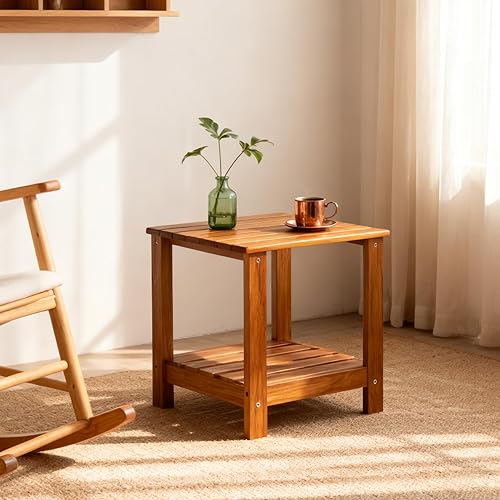 Miniatura 8 de Utoplike Mesa auxiliar de teca para exteriores, mesa auxiliar de doble capa, mesas de café de madera para patio trasero, jardín, cama, sala de