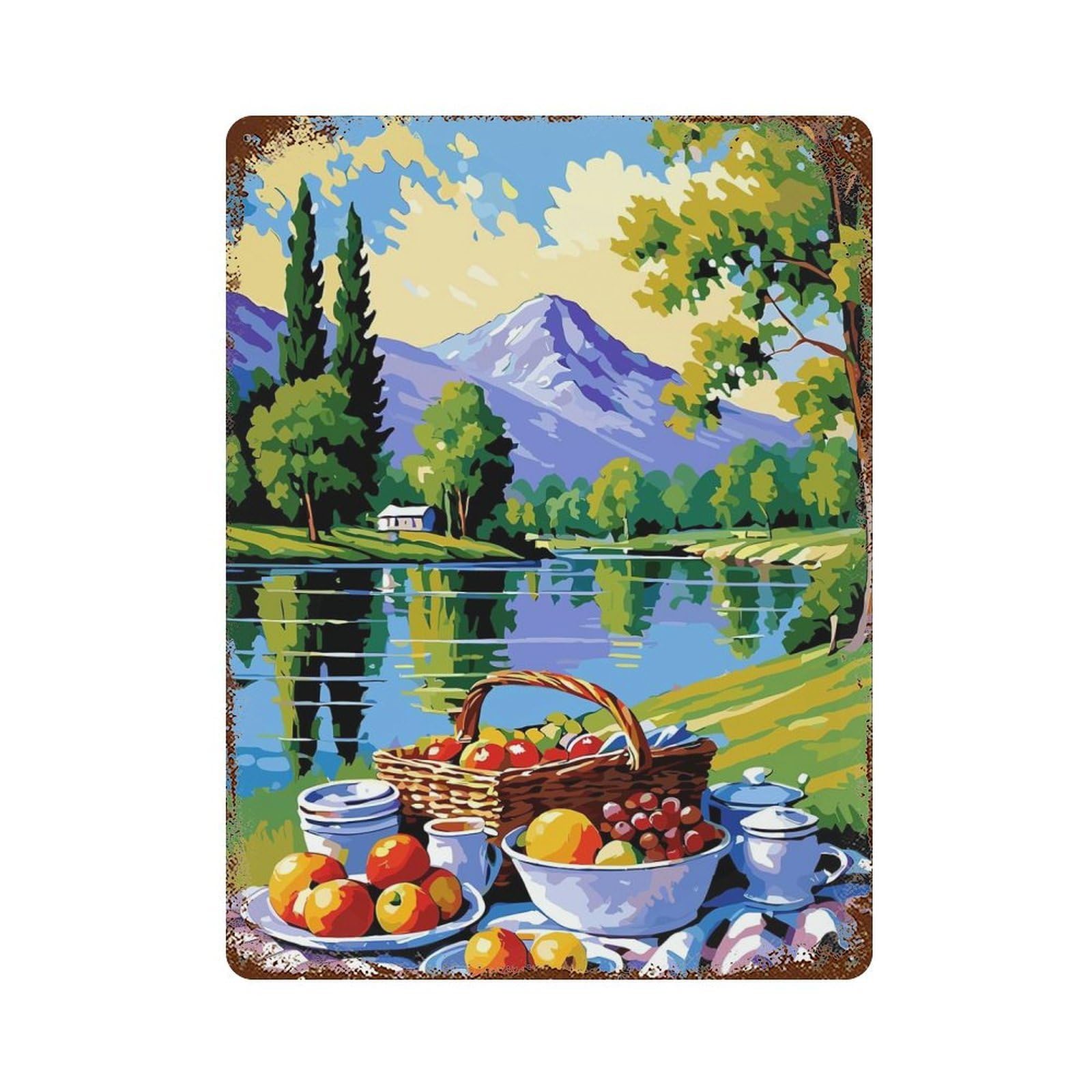 Aged Metal Wall Plaque with Picnic by The Lake Painting Design 15.7"x11.8", for Farmhouse, Kitchen And Entryway Decor, Retro Wall Decor