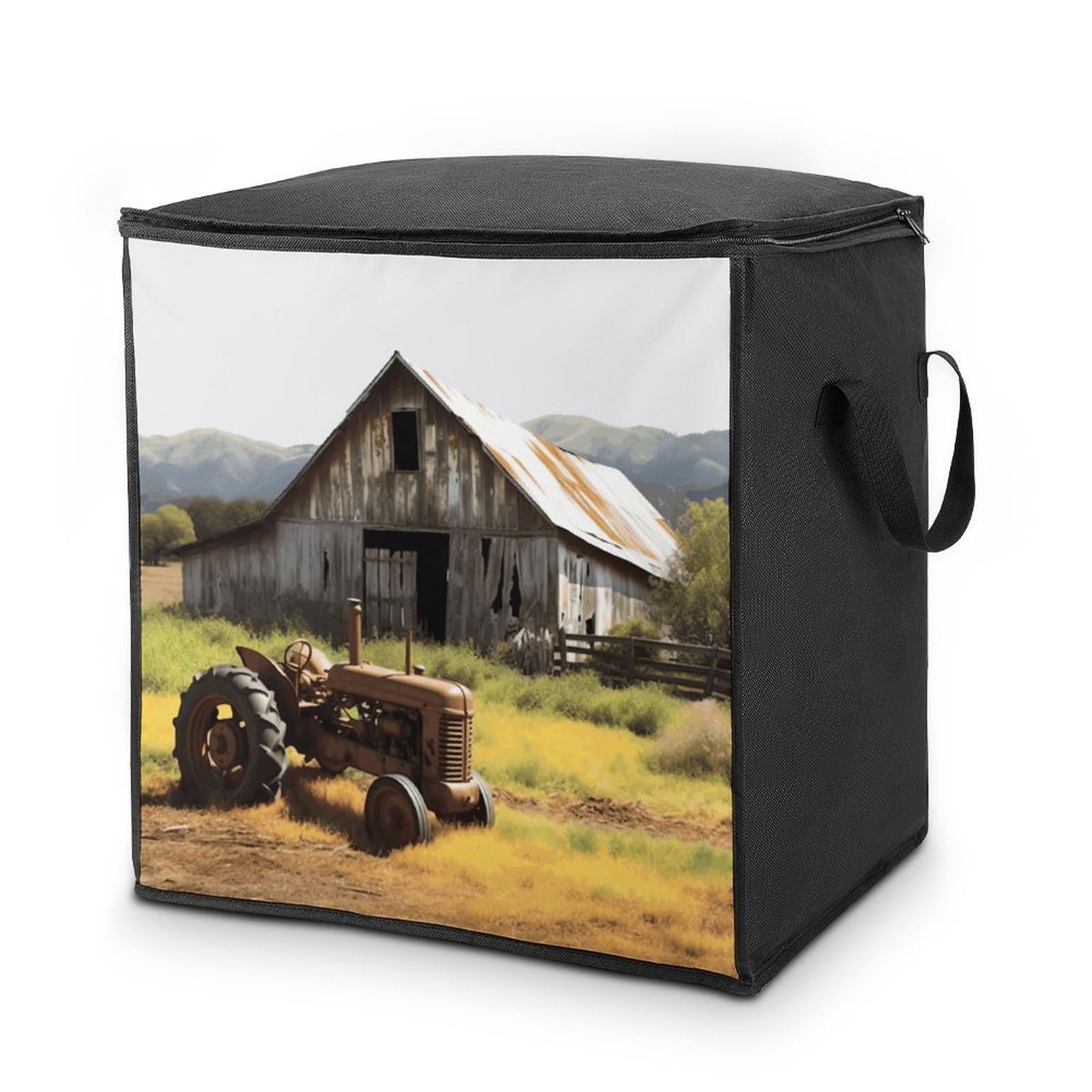 Old Wooden Barn with Rusted Tractor Storage Bag with Zippers And Handle Extra Large Bedding Comforter Storage Bag Foldable Blanket Storage Bags Fabric Moving Bags for Closet Organizer (70L)