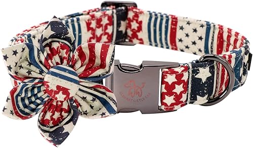 Elegant little tail Collar de perro con la bandera de Estados Unidos, lindo collar de perro desmontable con flor, collar de perro ajustable para