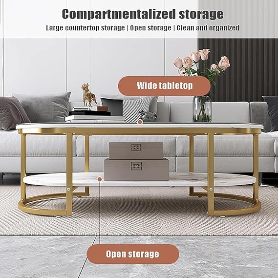 Modern Coffee Table Faux Marble Top,Oval Coffee Table,Wood Coffee Table With Open Storage,Minimalist Coffee Table Side Table For Livingroom Cocktail Table(Size:120x60x42cm,Color:Gray+Black)