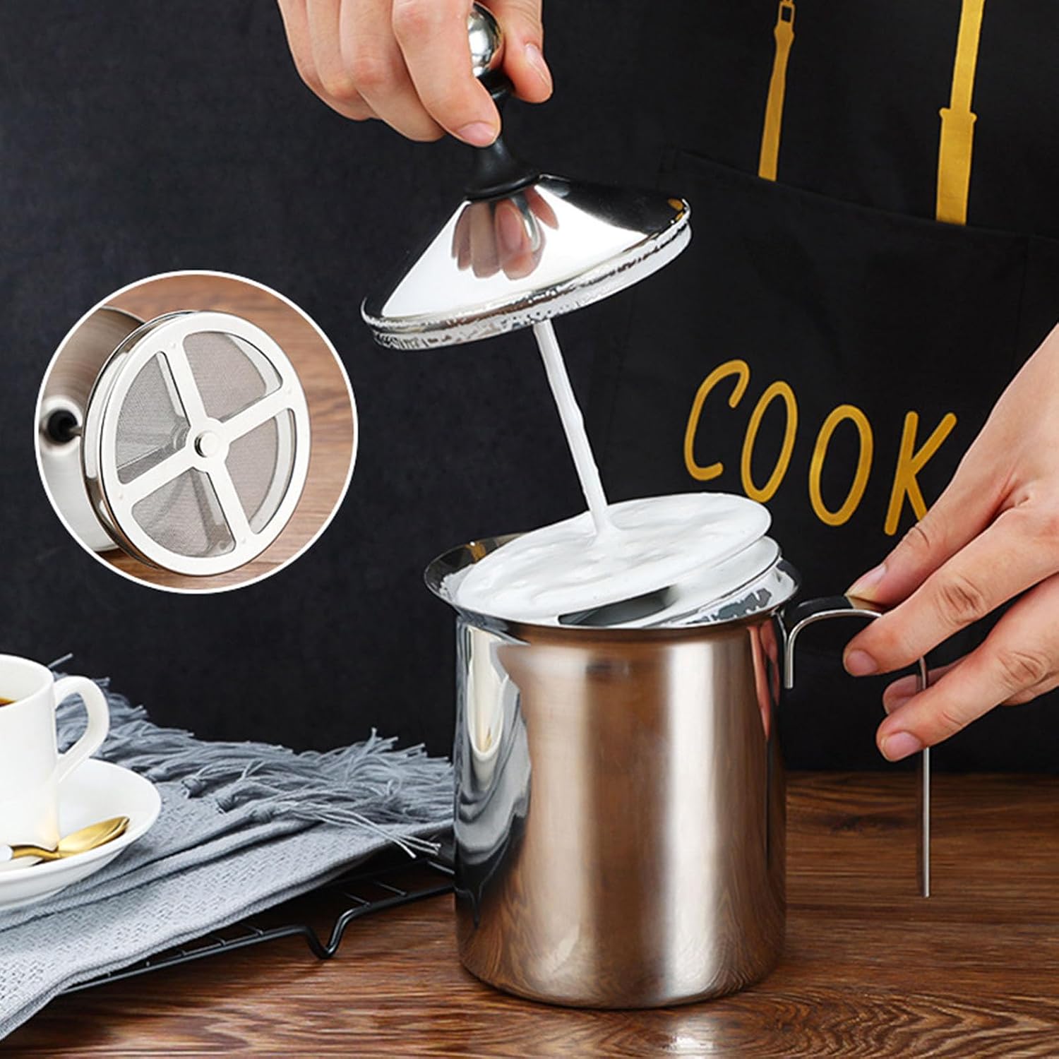 Manual Milk Frother Double Layer 304 Steel Portable Whisk for Coffee Lattes Cappuccinos Home Use Manual Milk Frother