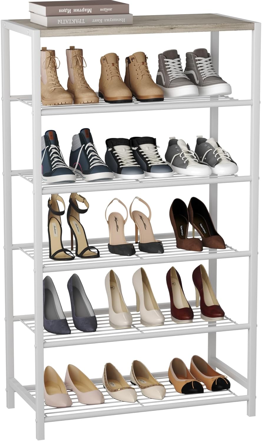 HOMEFORT Shoe Rack 6-Tier, Shoe Storage Shelf, Industrial Shoe Tower, Narrow Shoe Organizer for Closet Entryway, Small Shoe Rack Table with Durable Metal Shelves,White Oak