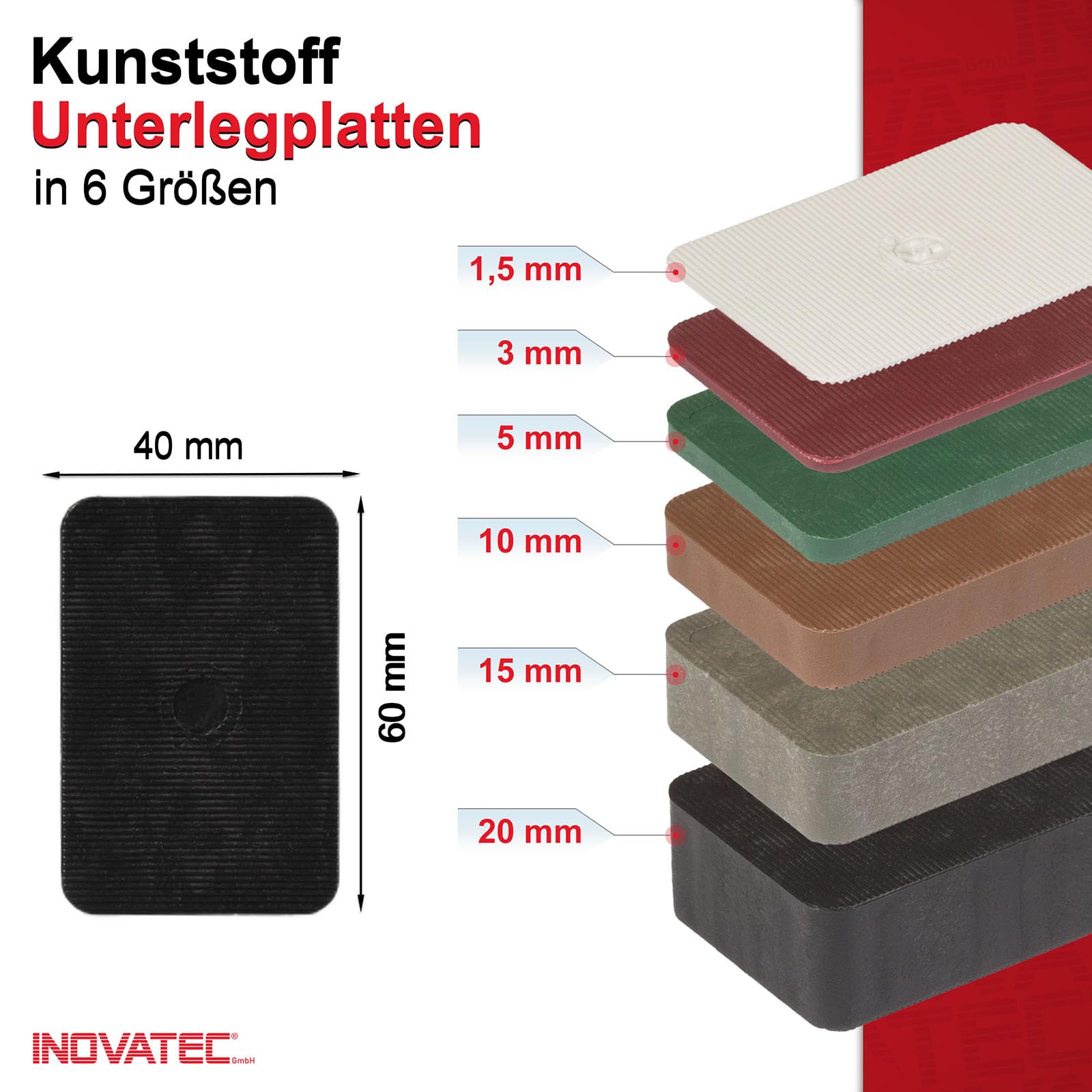 100 x INOVATEC Kunststoff Unterlegplatten 60 x 40 mm Mix in den Größen: 1.5, 3, 5, 10, 15, 20 mm inkl. 6L Eimer