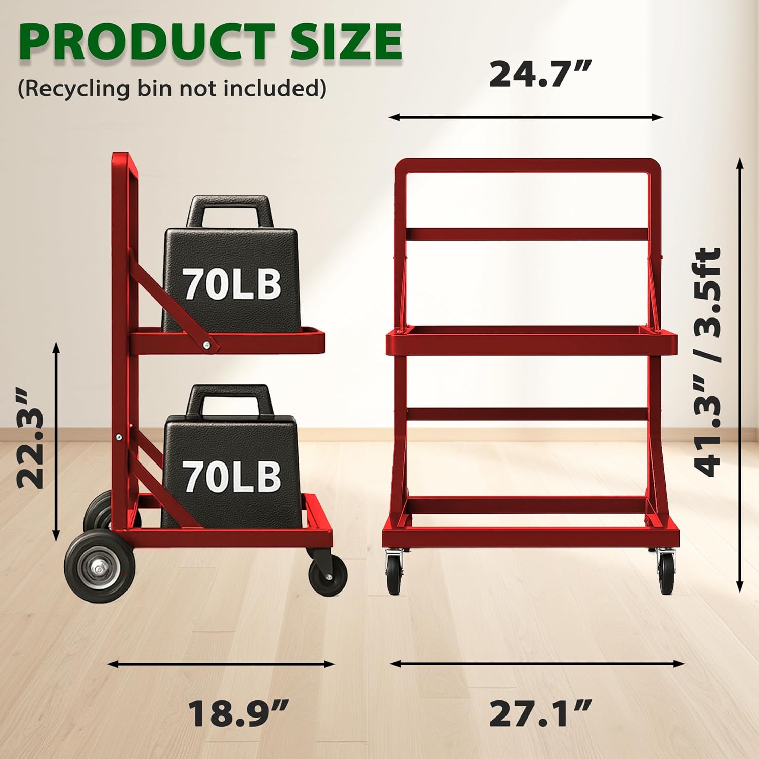 Recycling Cart,2-Tier Recycle Bin Cart with Wheels,Holds up to 140 Lbs,Rolling Utility Organizer for Garbage Sorting,Warehouse and Garage (Red)