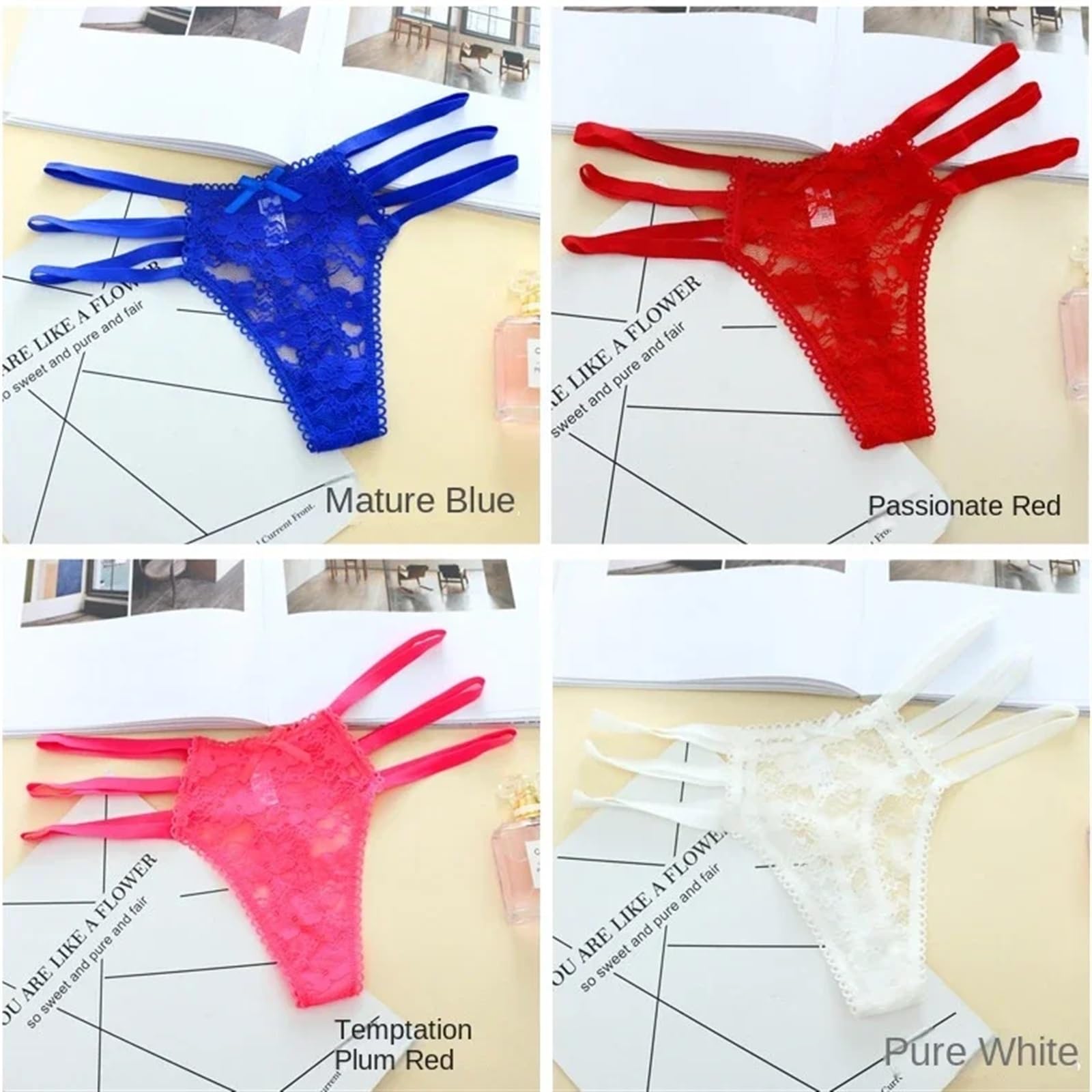 Mutande Bikini Slip 3 Pezzi/Set T-Back Mutande in Puro Cotone Sexy Sottile Cintura Perizoma Pizzo Traspirante Perizoma Cavo Mutandine a Vita Bassa(A 1pc,M)